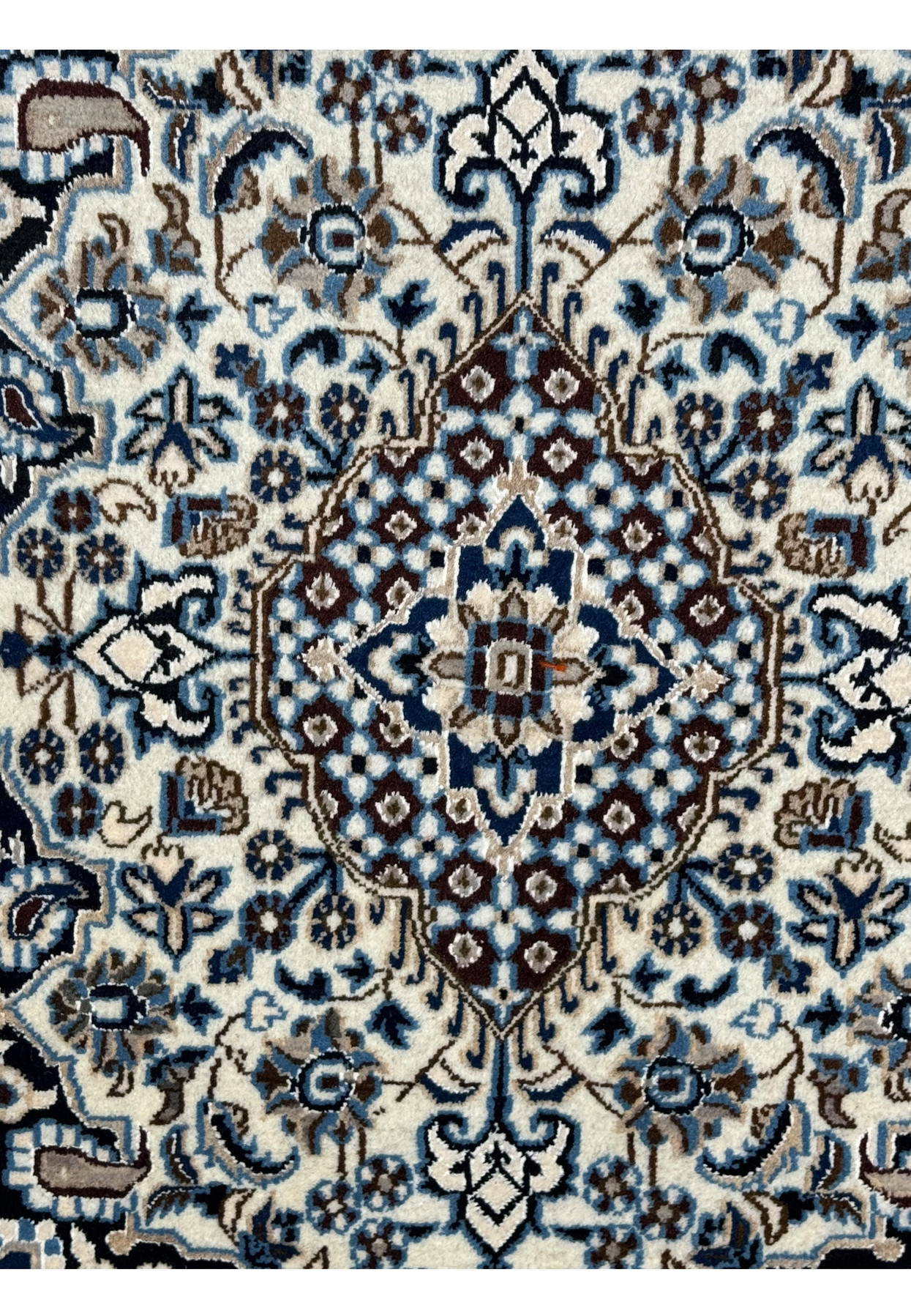 3x5 Persian Nain rug navy diamond medallion ivory arabesque powder blue closeup