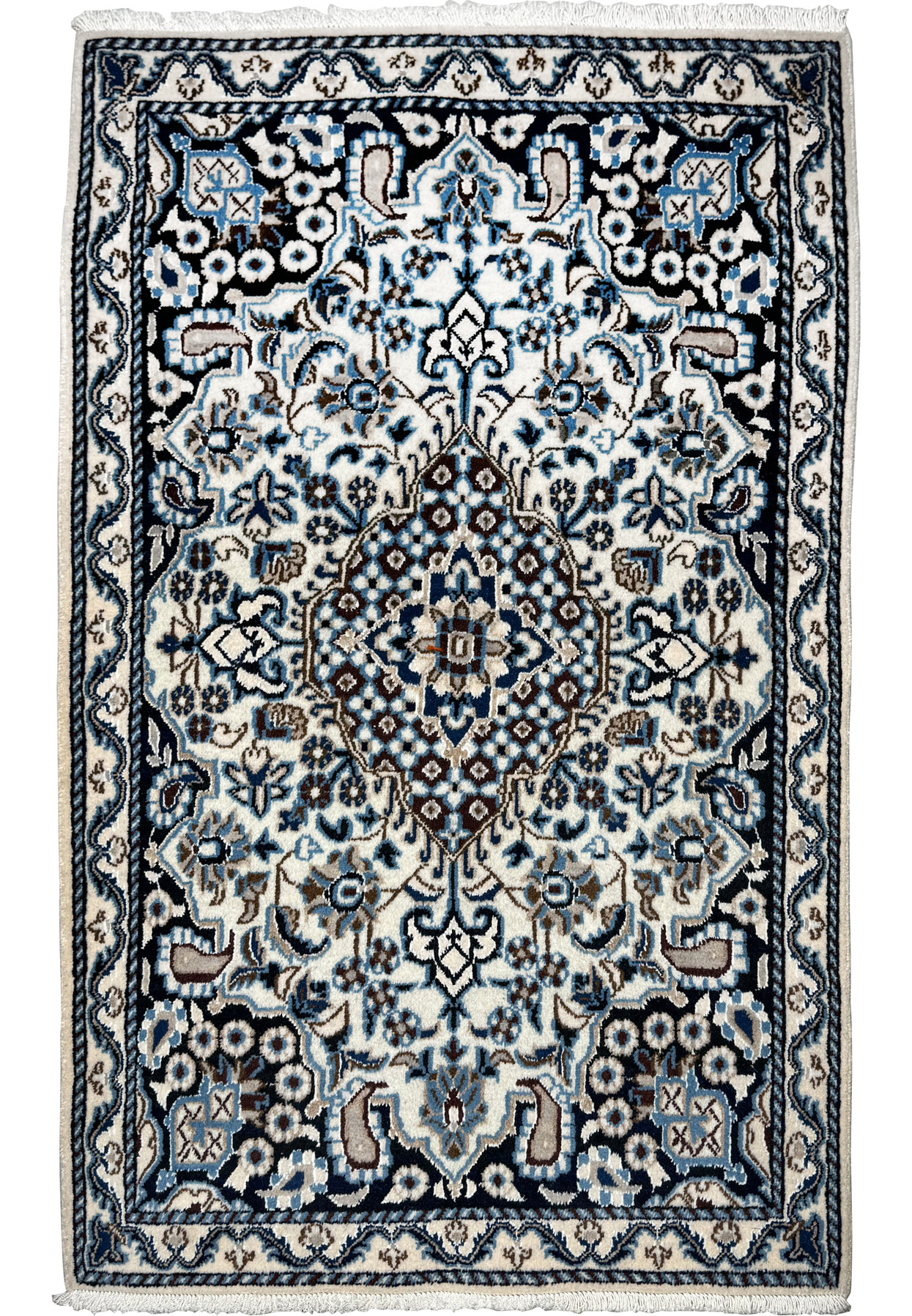 3x5 Persian Nain rug ivory navy medallion arabesque floral full view
