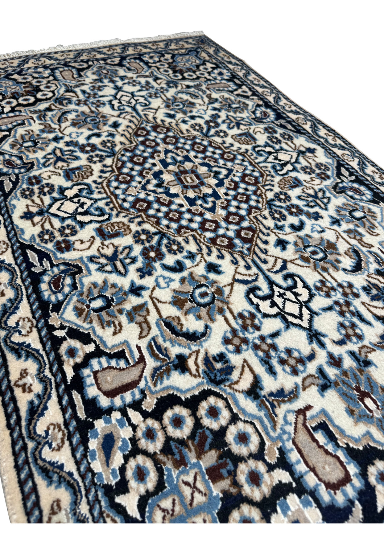 3x5 Persian Nain rug ivory navy medallion arabesque floral angled view