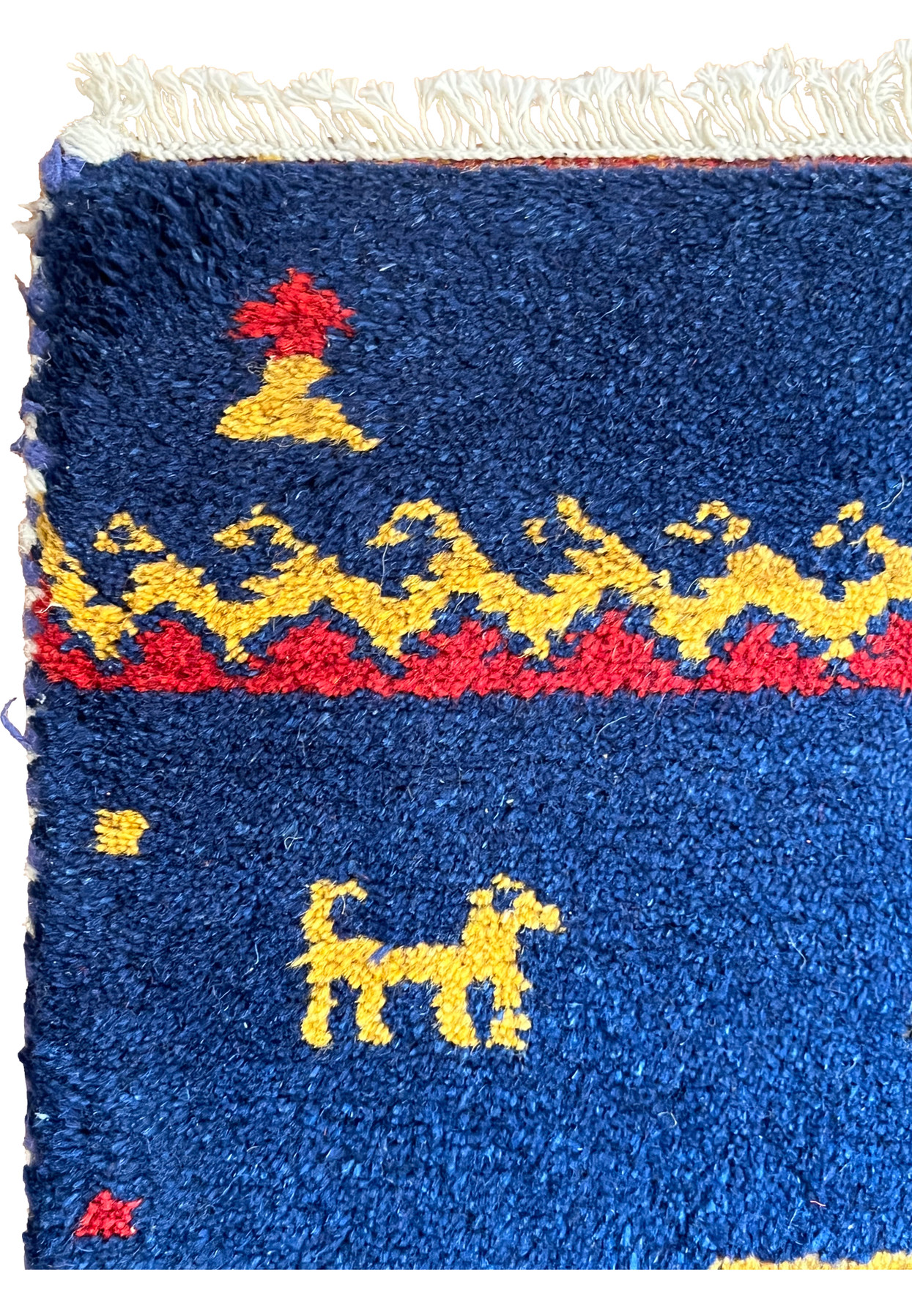 1'3x2 Persian Gabbeh baby rug Poshti animal figure yellow red cobalt blue motifs detail