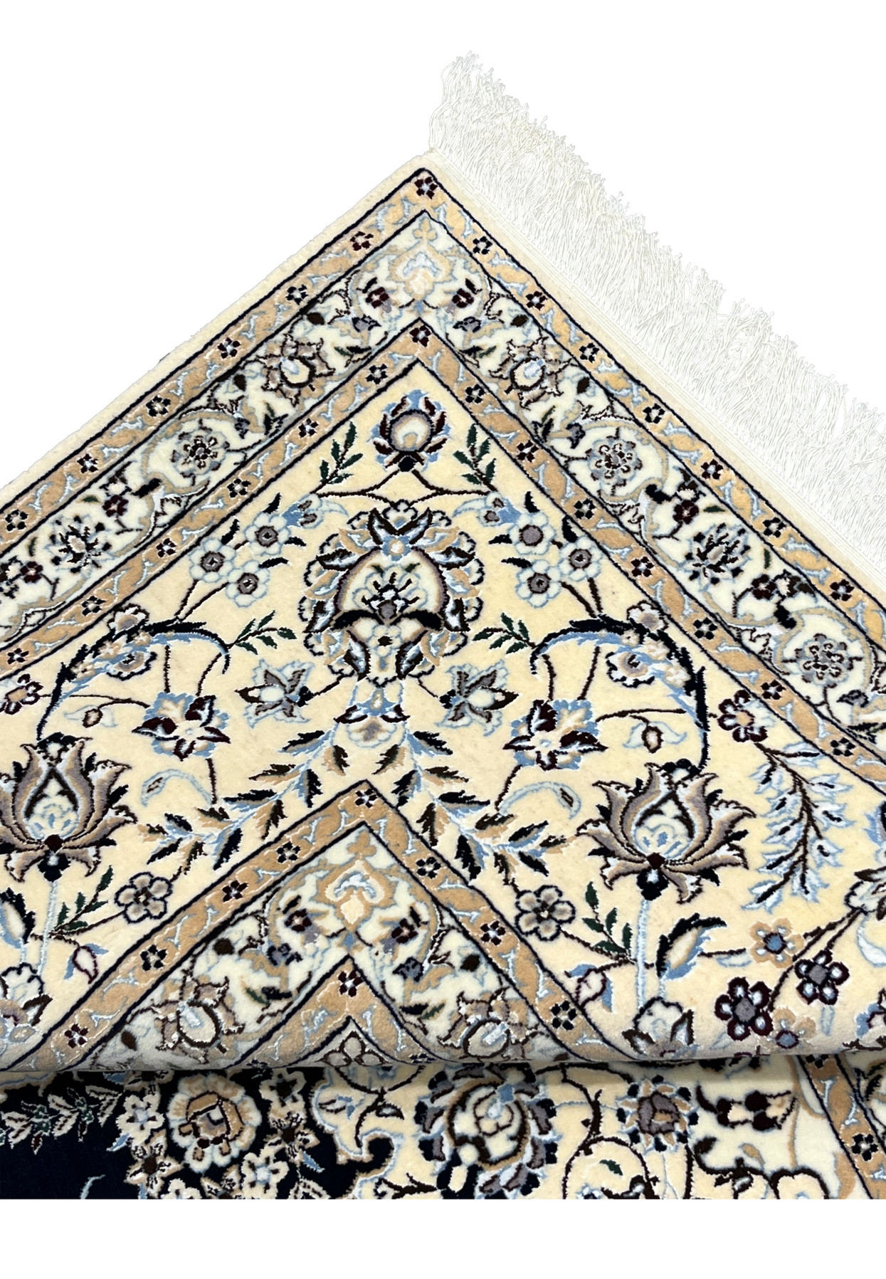 9x12 Persian Nain Habibian 6La rug folded edge ivory border selvage fringe detail closeup