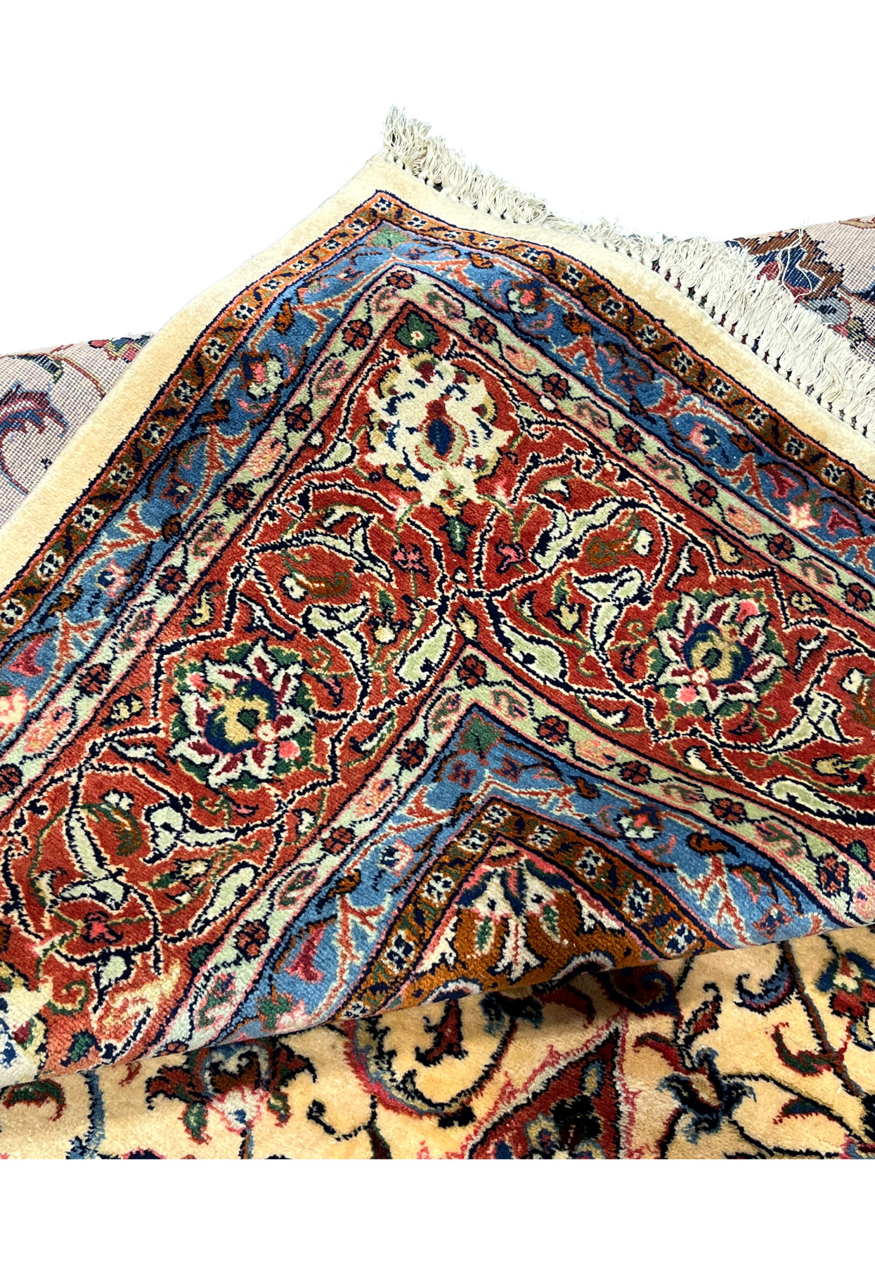 9x13 Persian Sarough rug folded edge rust border ivory selvage fringe detail closeup