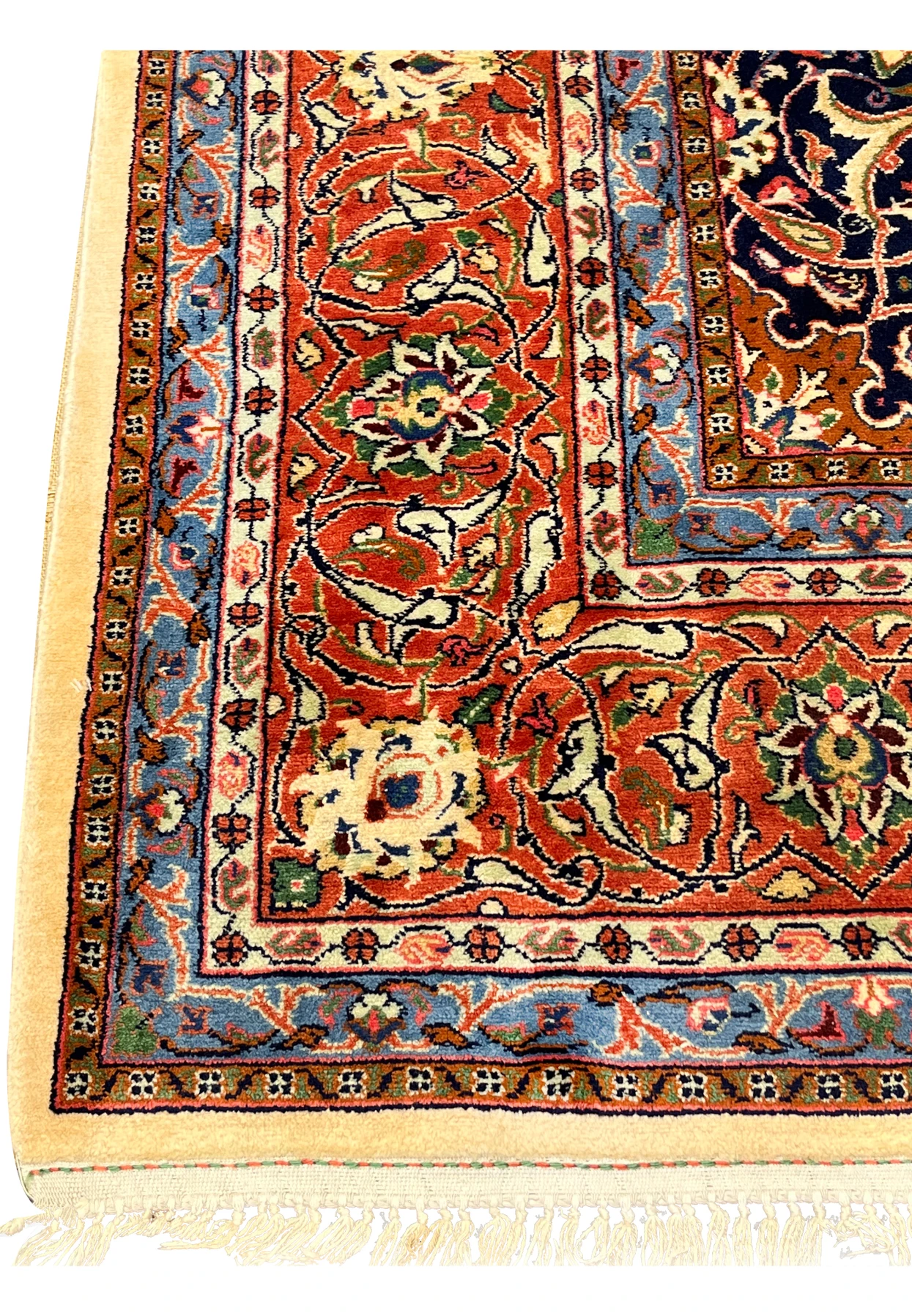 9x13 Persian Sarough rug border corner rust ivory floral vines navy spandrel detail