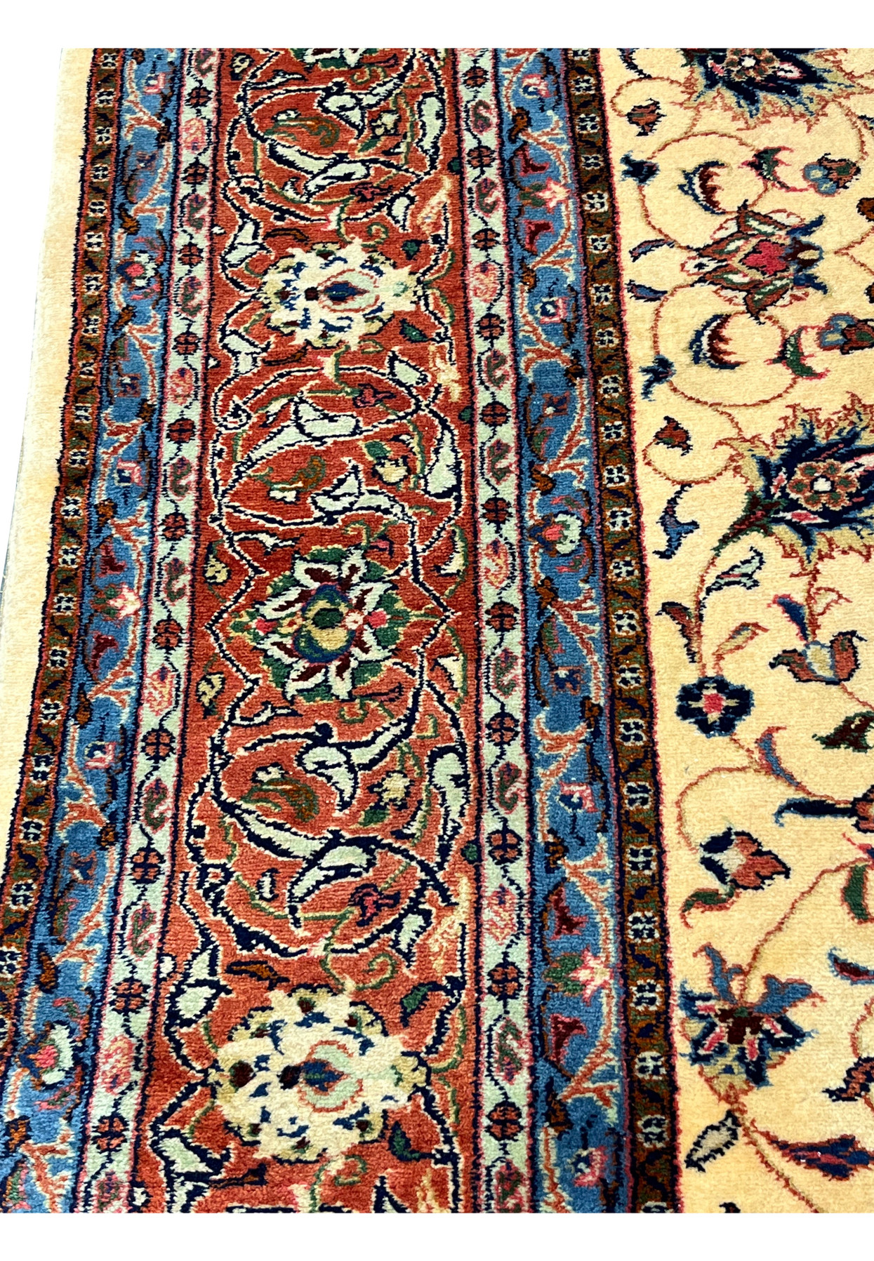 9x13 Persian Sarough rug main border closeup rust ground ivory rosettes sky blue guard