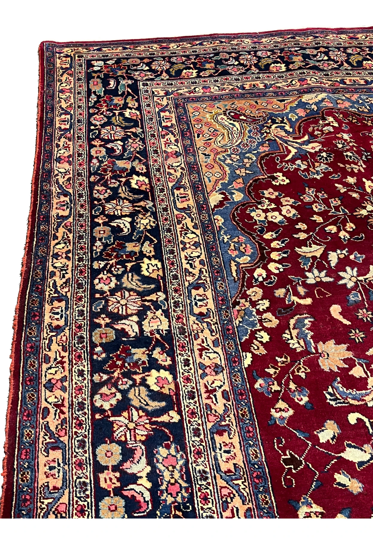 10x13 distressed antique Persian Mashad rug upper edge border red field transition detail