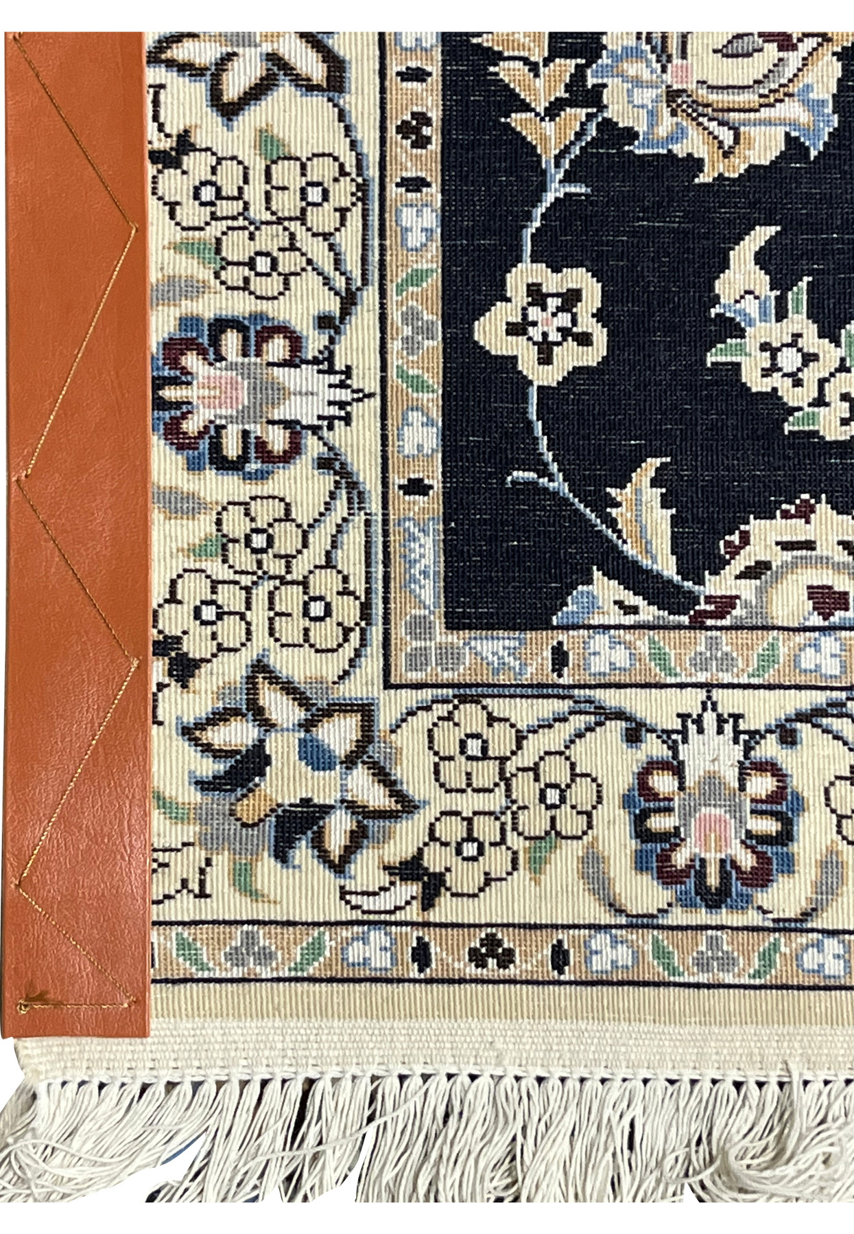 Rolled upper end with Habibian signature cartouche on 3x15 Persian Nain 6La signed runner