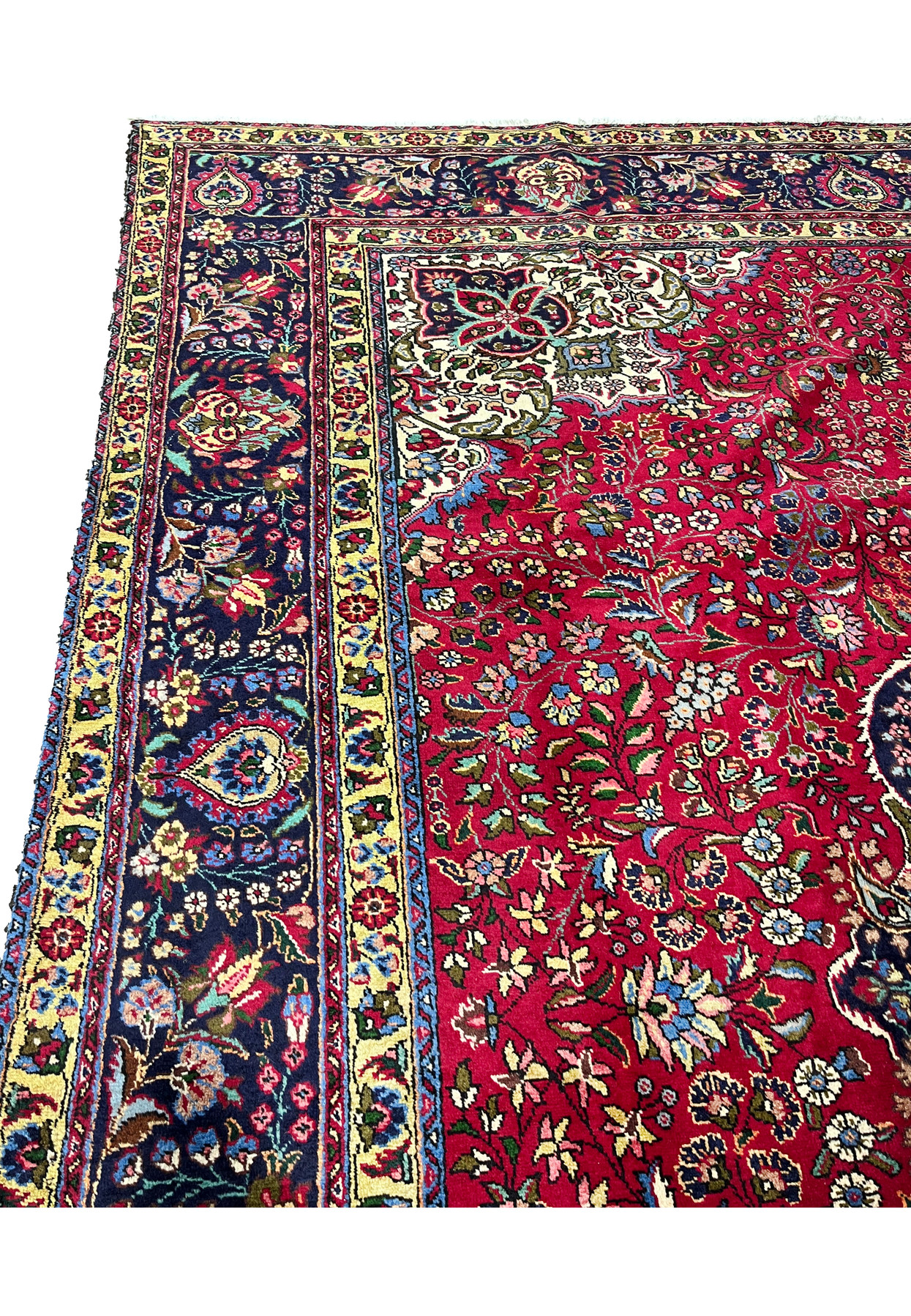 Side view of 10x13 Persian Tabriz rug, ivory corner and navy border along the edge