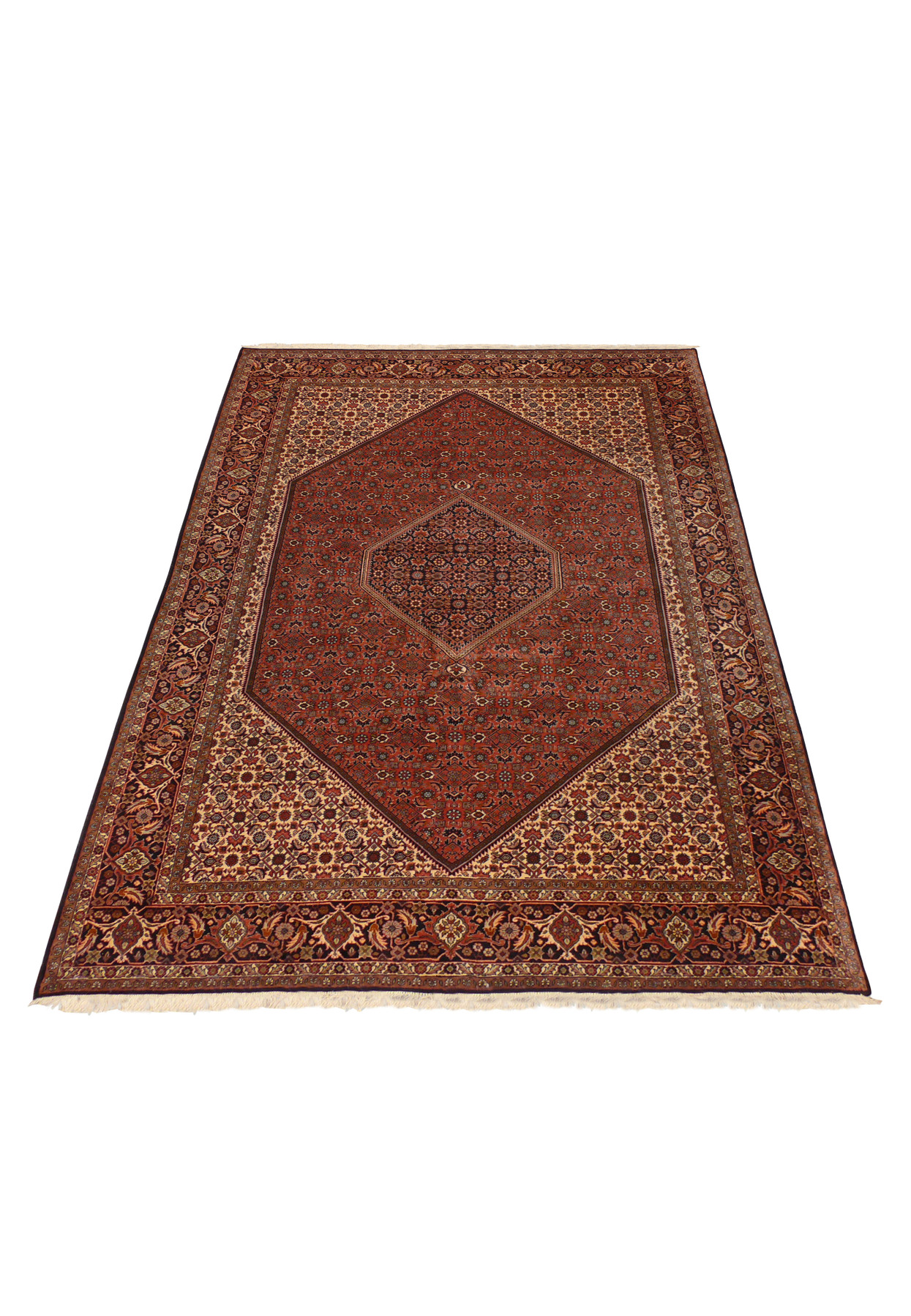 Handmade Bijar iron rug laid flat, showing dense Herati pattern for living room or dining room