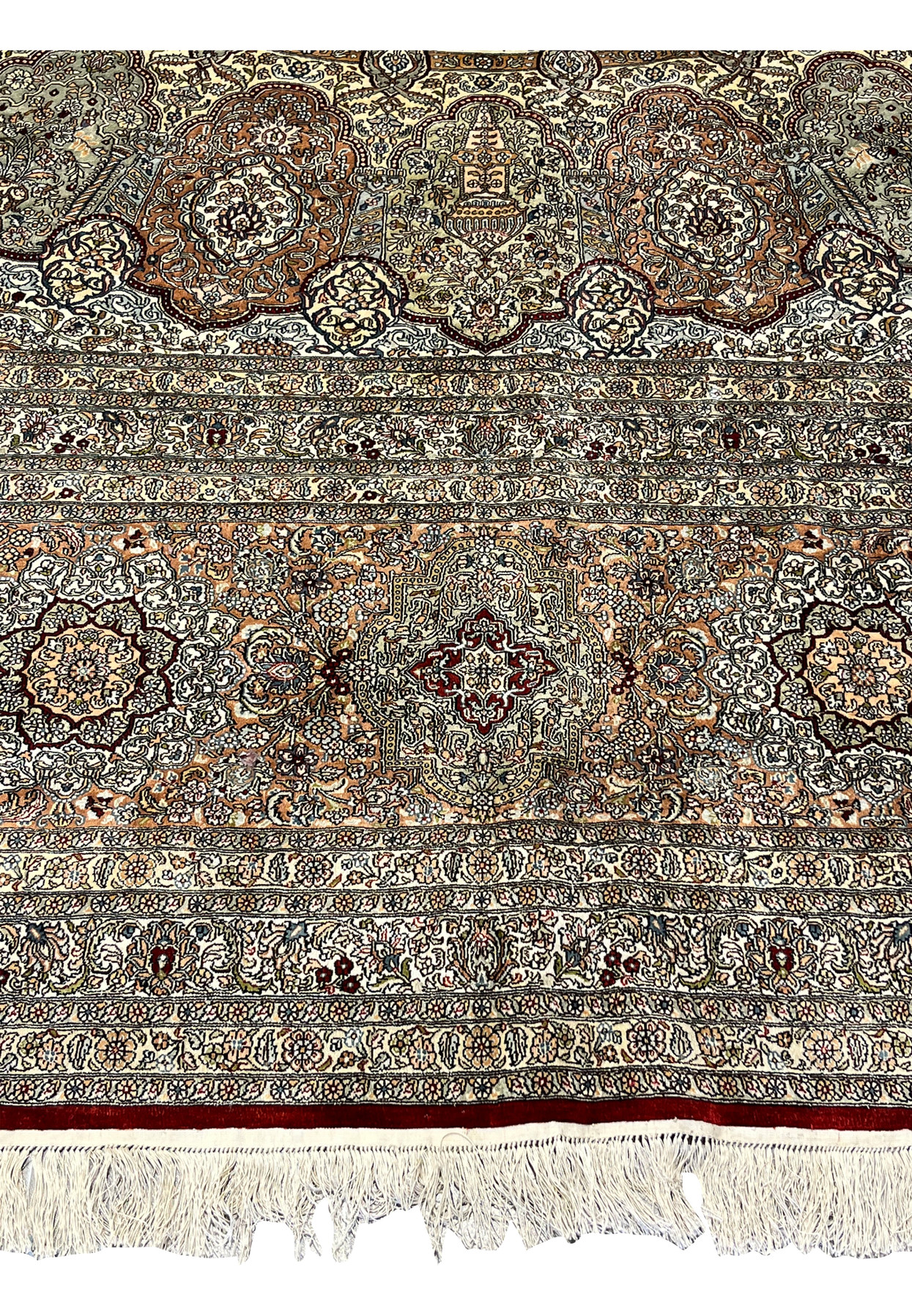 Copper main border with cartouche medallions and layered ivory guard stripes in pure silk on silk