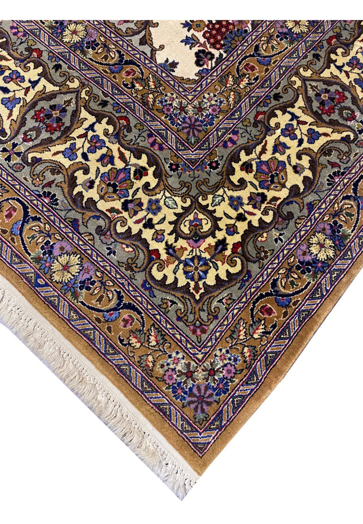 Edge detail of this Persian Qum rug showing gold mustard border floral cartouches and ivory selvedge