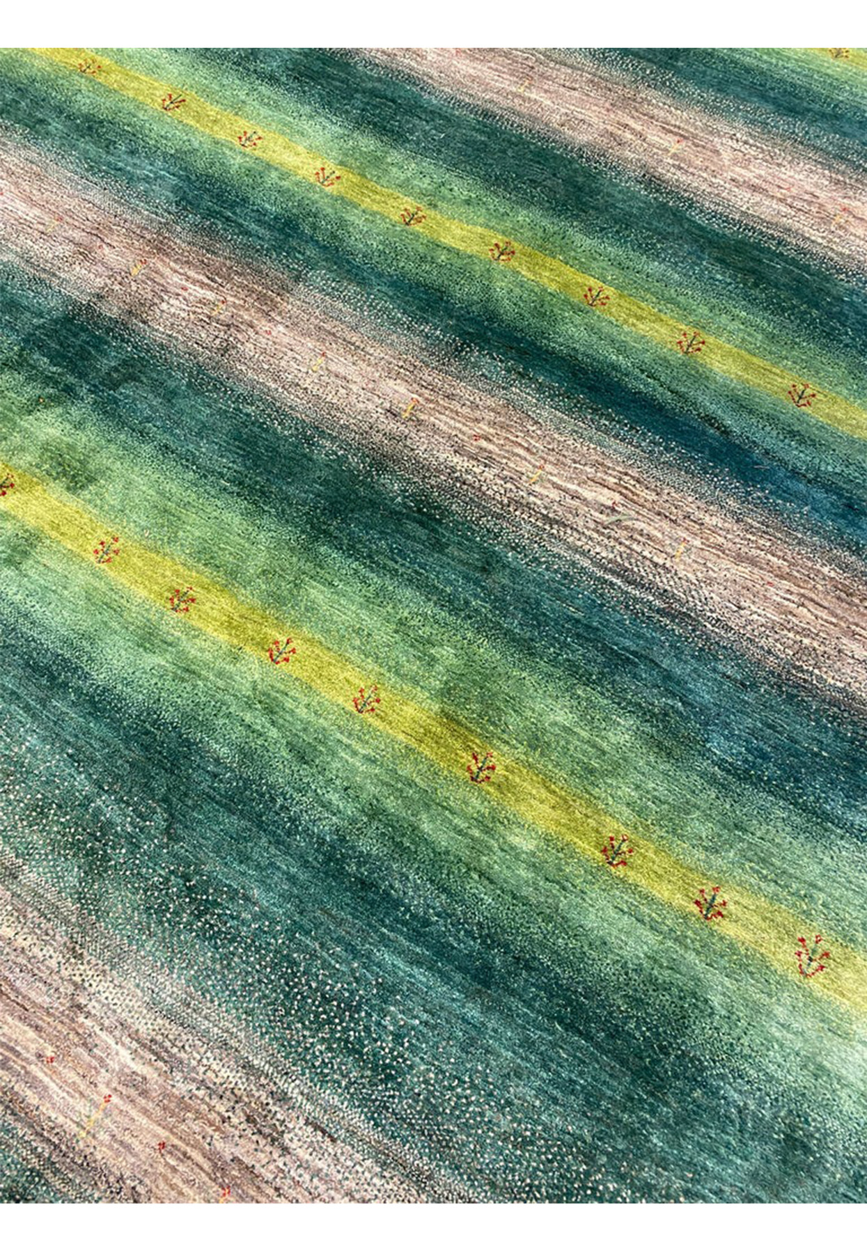 Painterly green and chartreuse vertical stripe pattern with red cypress pictograms in modern Gabbeh design