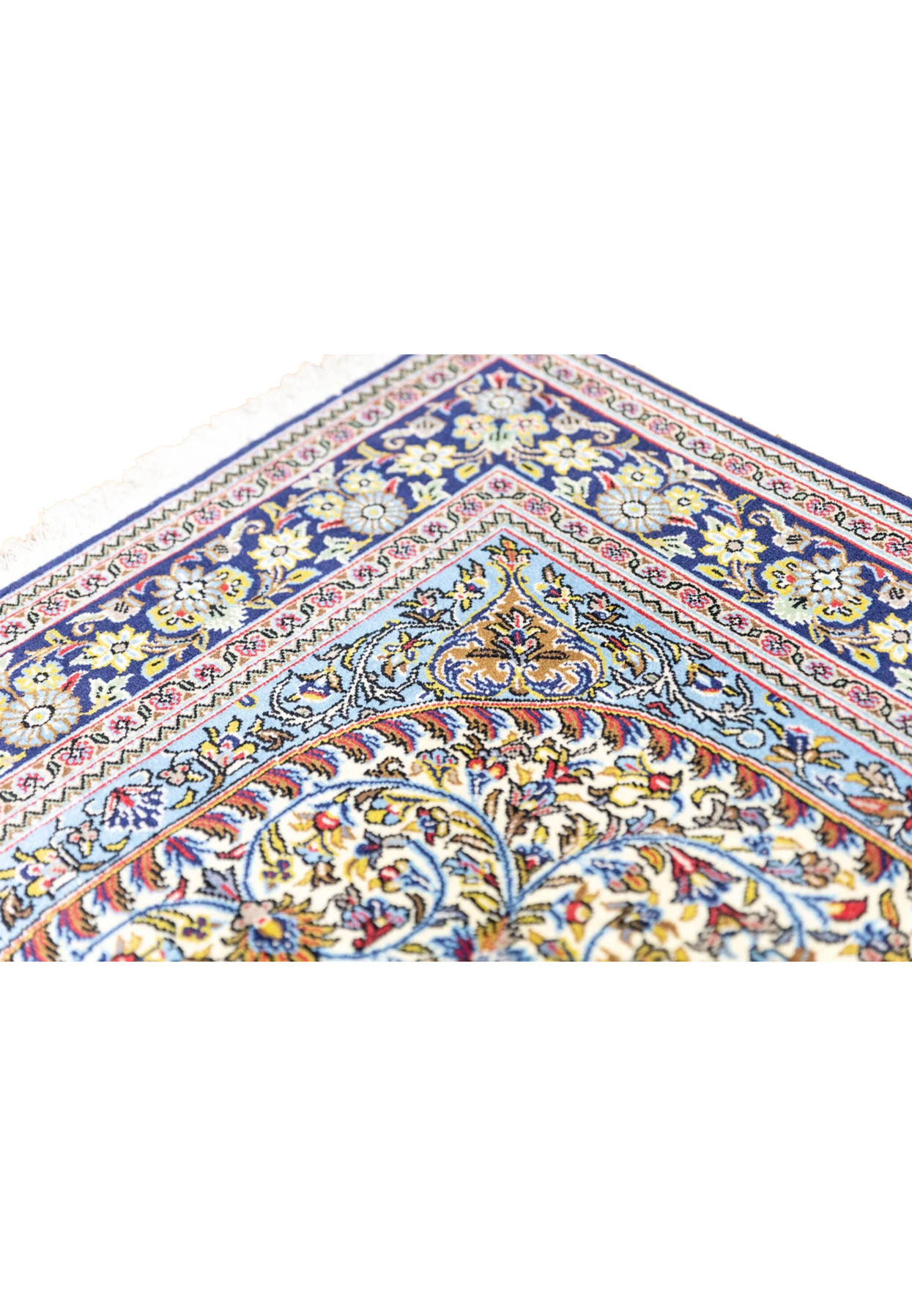 Sky blue inner border with floral arabesques and ivory cartouche edge on hand-knotted Persian Qum rug