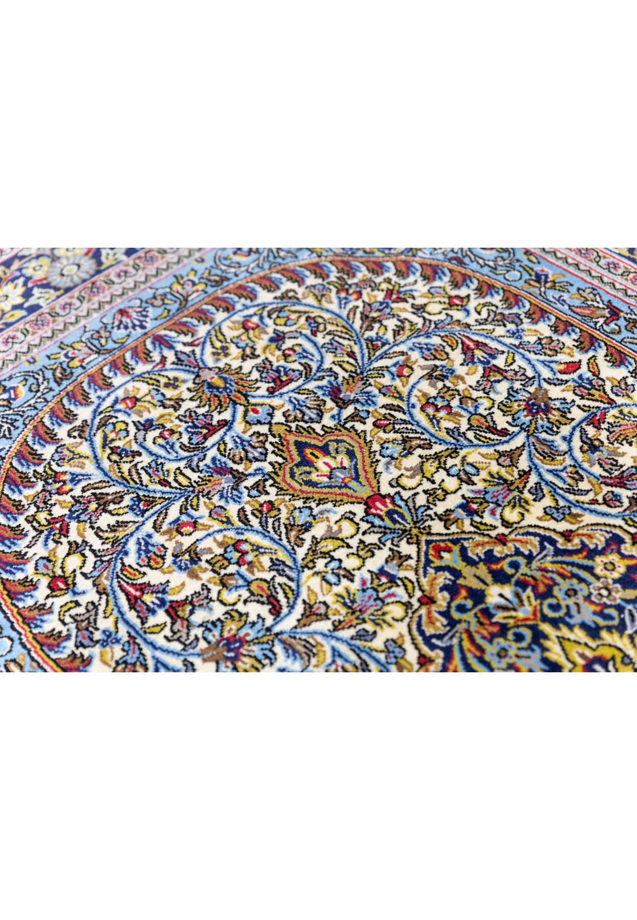 Cream midfield of Persian Qum kork rug showing dense islimi vines, palmettes, and split-leaf arabesques