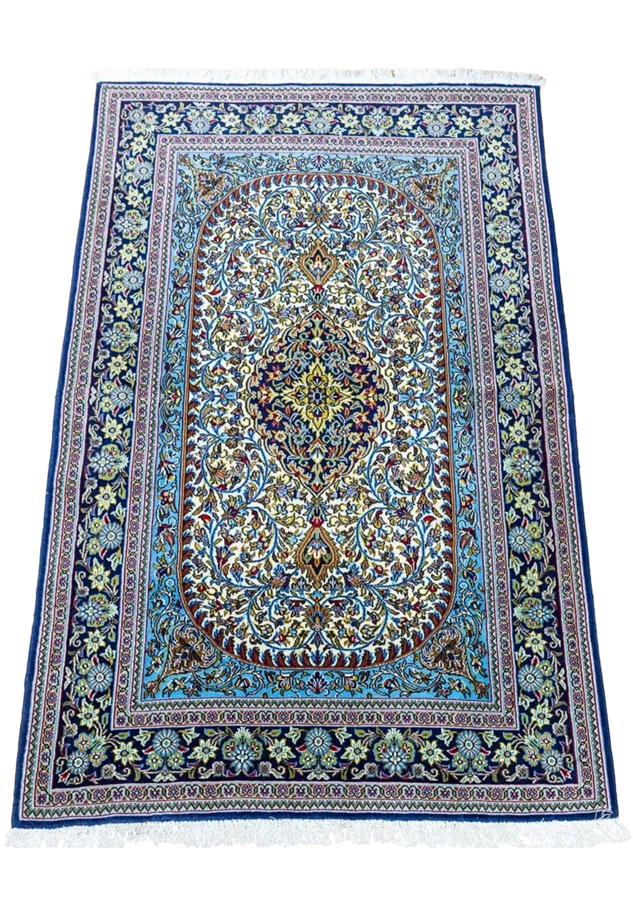 3'5 x 5'4 Persian Qum kork rug top view showing arched cartouche field and lachak toranj medallion