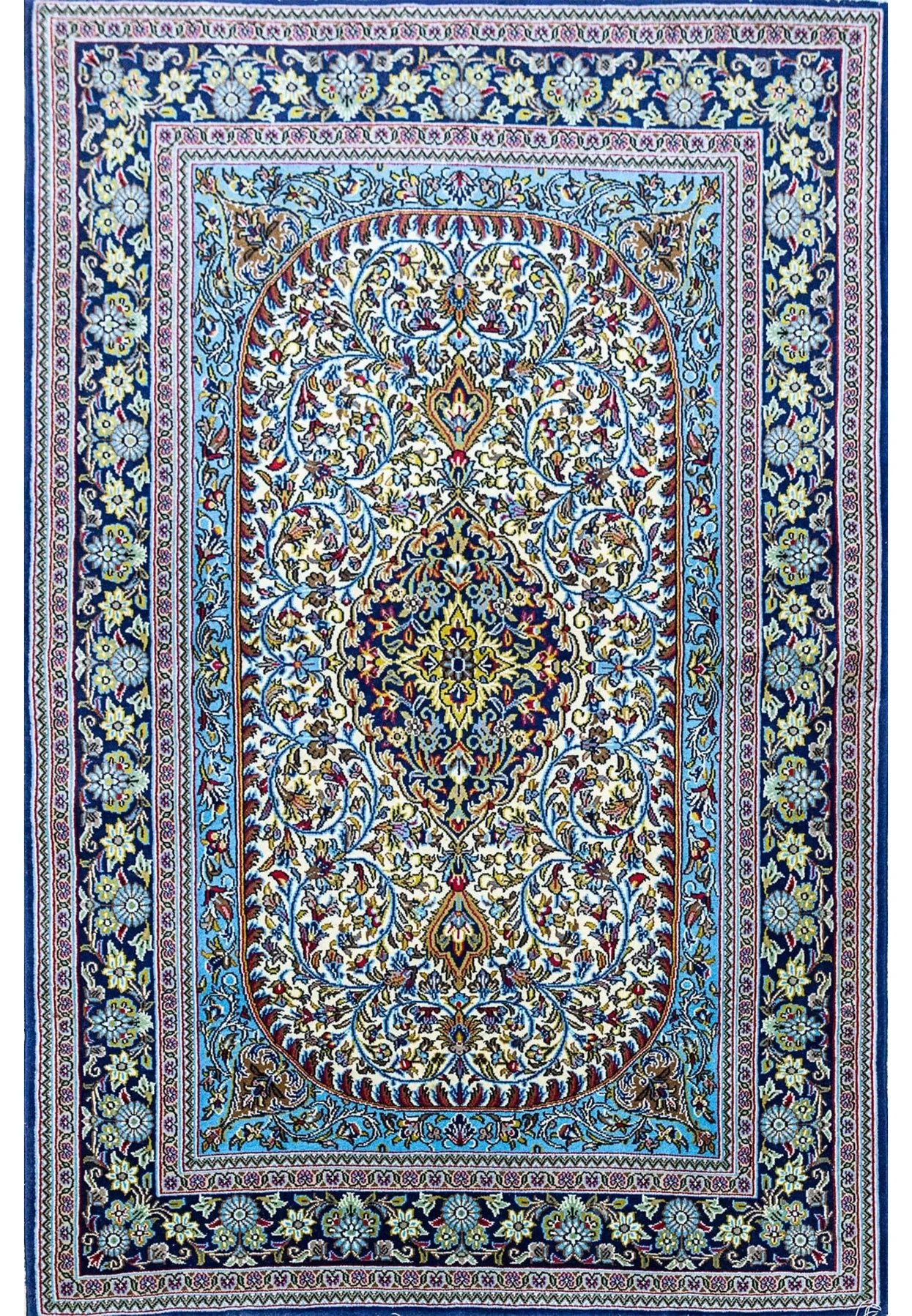 Authentic 3'5 x 5'4 Persian Qum kork wool rug full view with floral medallion in indigo and sky blue