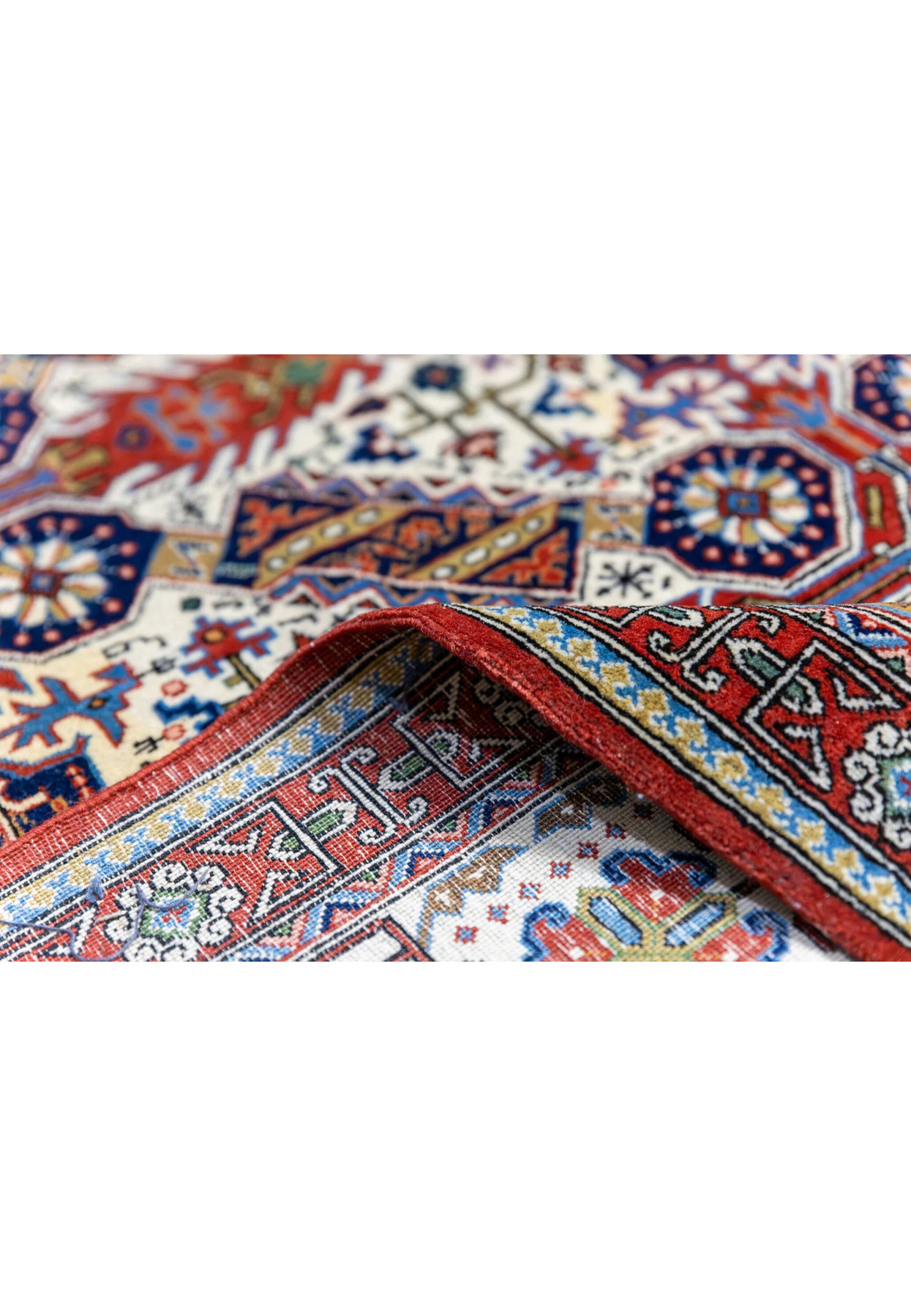 Hand-knotted Persian Qum kork rug folded edge showing 0.35 inch pile and ivory cotton fringe finishing