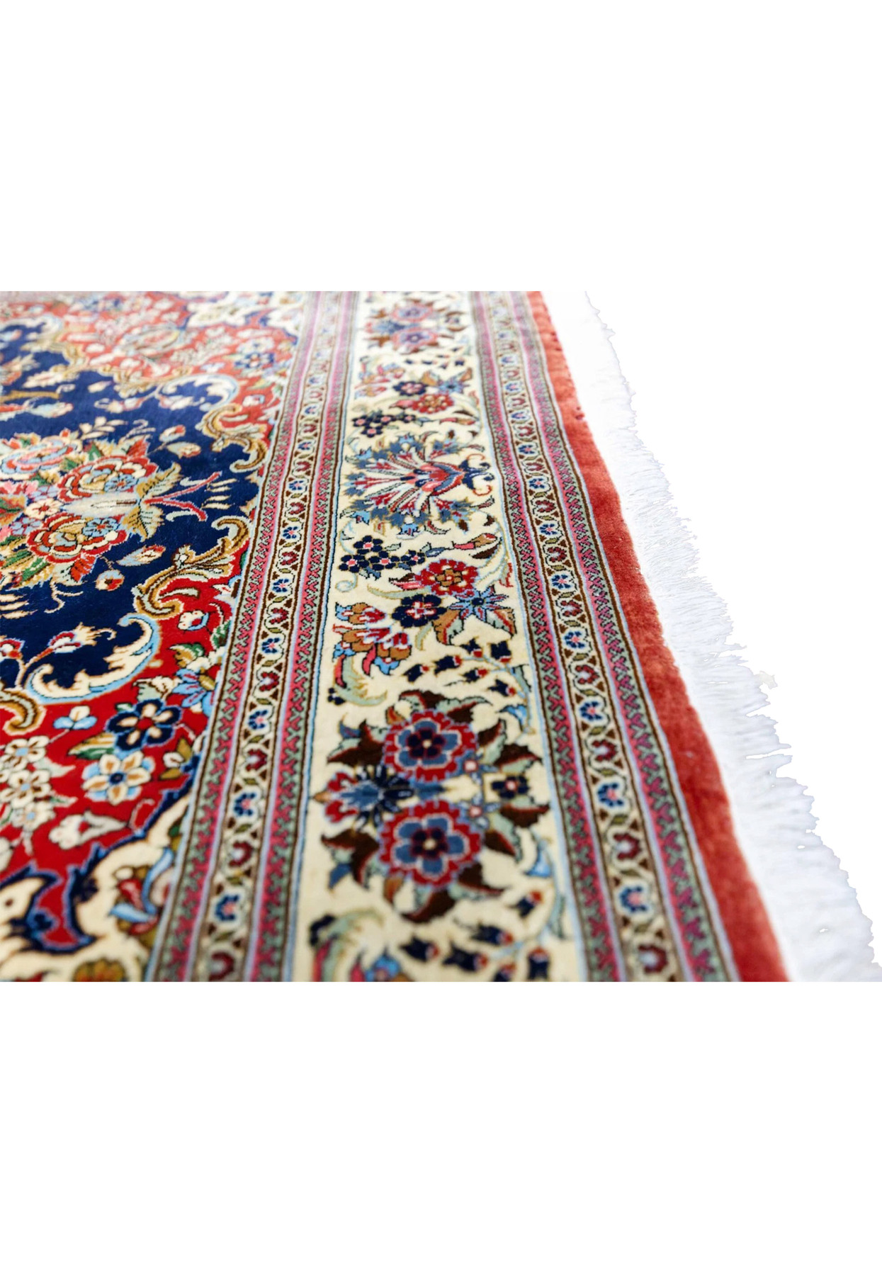 Ivory main border close-up of Persian Qum kork rug with floral cartouches and shah abbasi palmettes