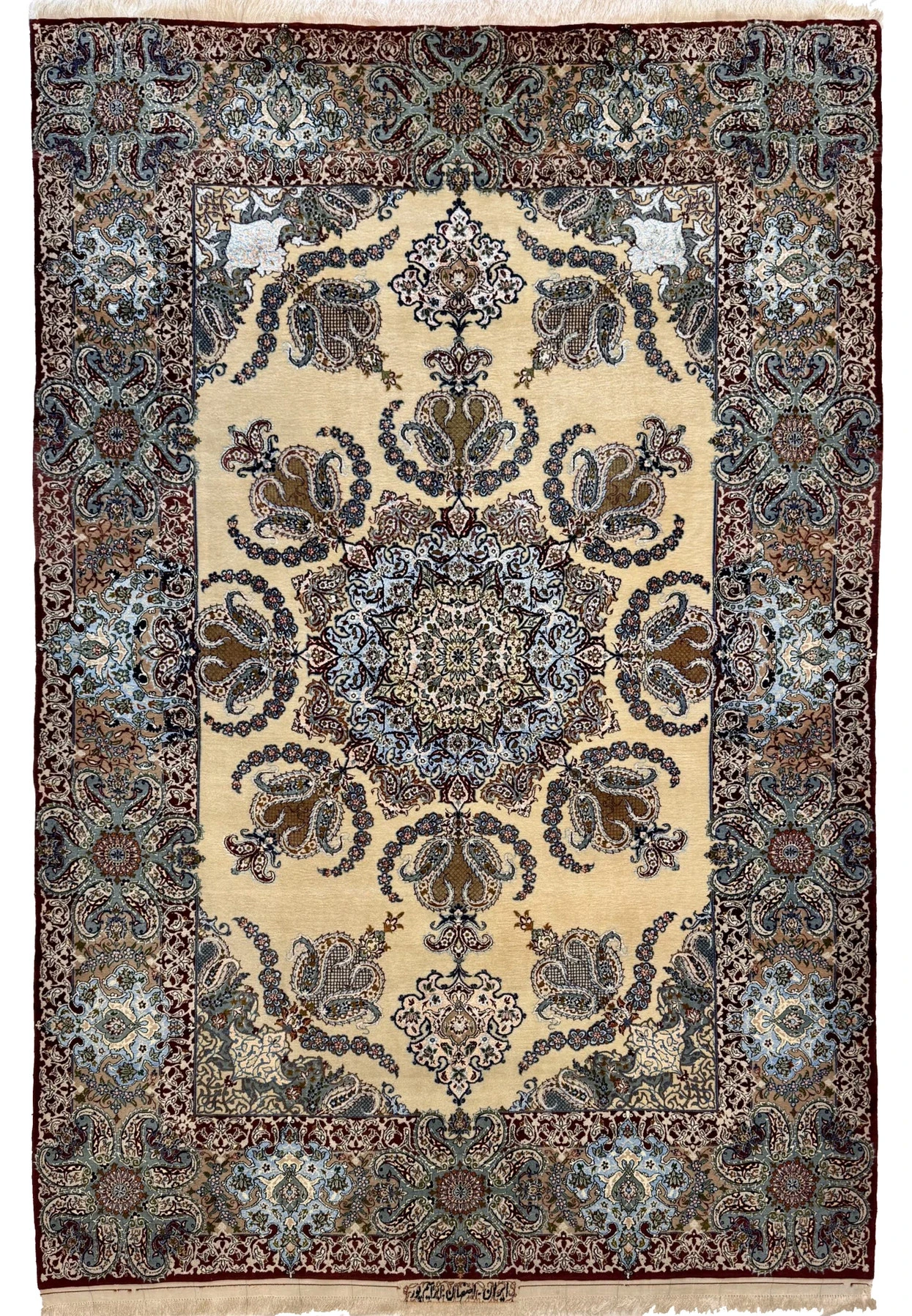 5x8 Persian Isfahan rug signed Master Ebrahimpour with snowflake medallion on ivory field, full view