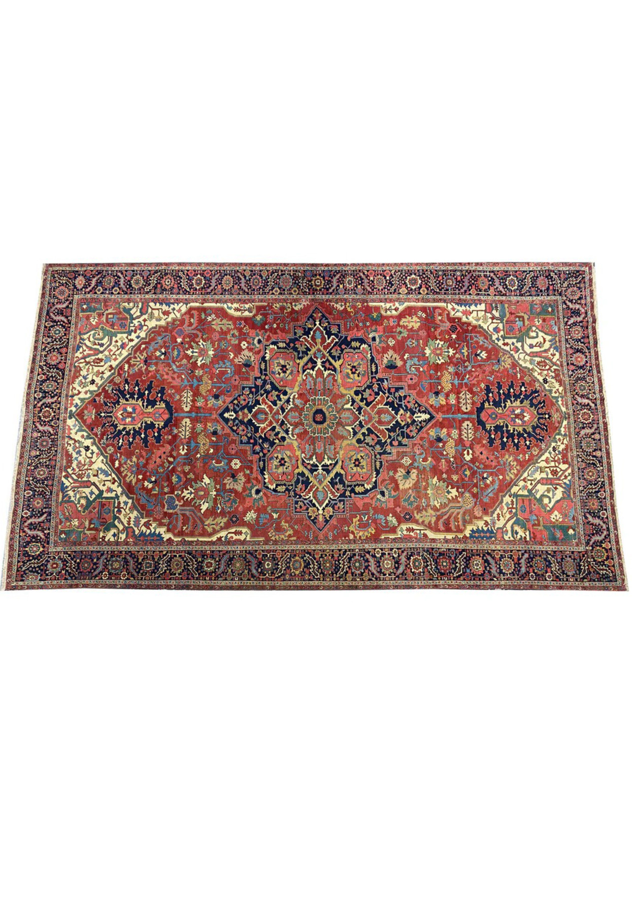 12x21 antique Persian Serapi Heriz mansion rug top view with stepped medallion and ivory spandrels
