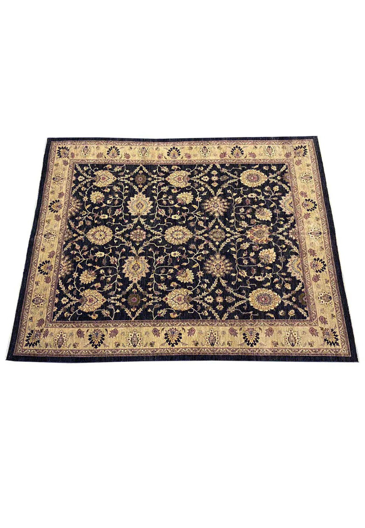 Top view of black and gold hand-knotted Indo Agra rug showing all-over floral palmette composition
