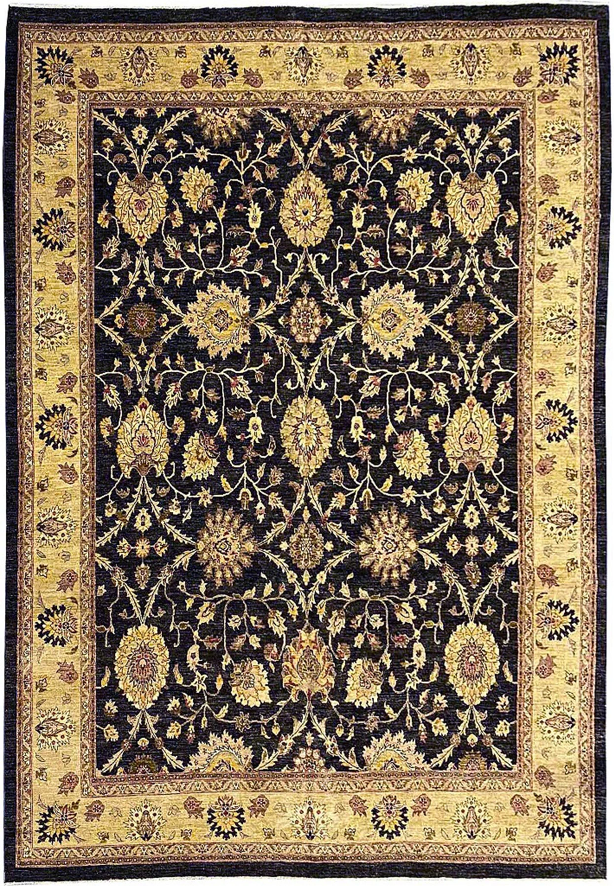 12x15 authentic Oriental Agra rug full view with black field, gold floral palmettes, and antique gold border
