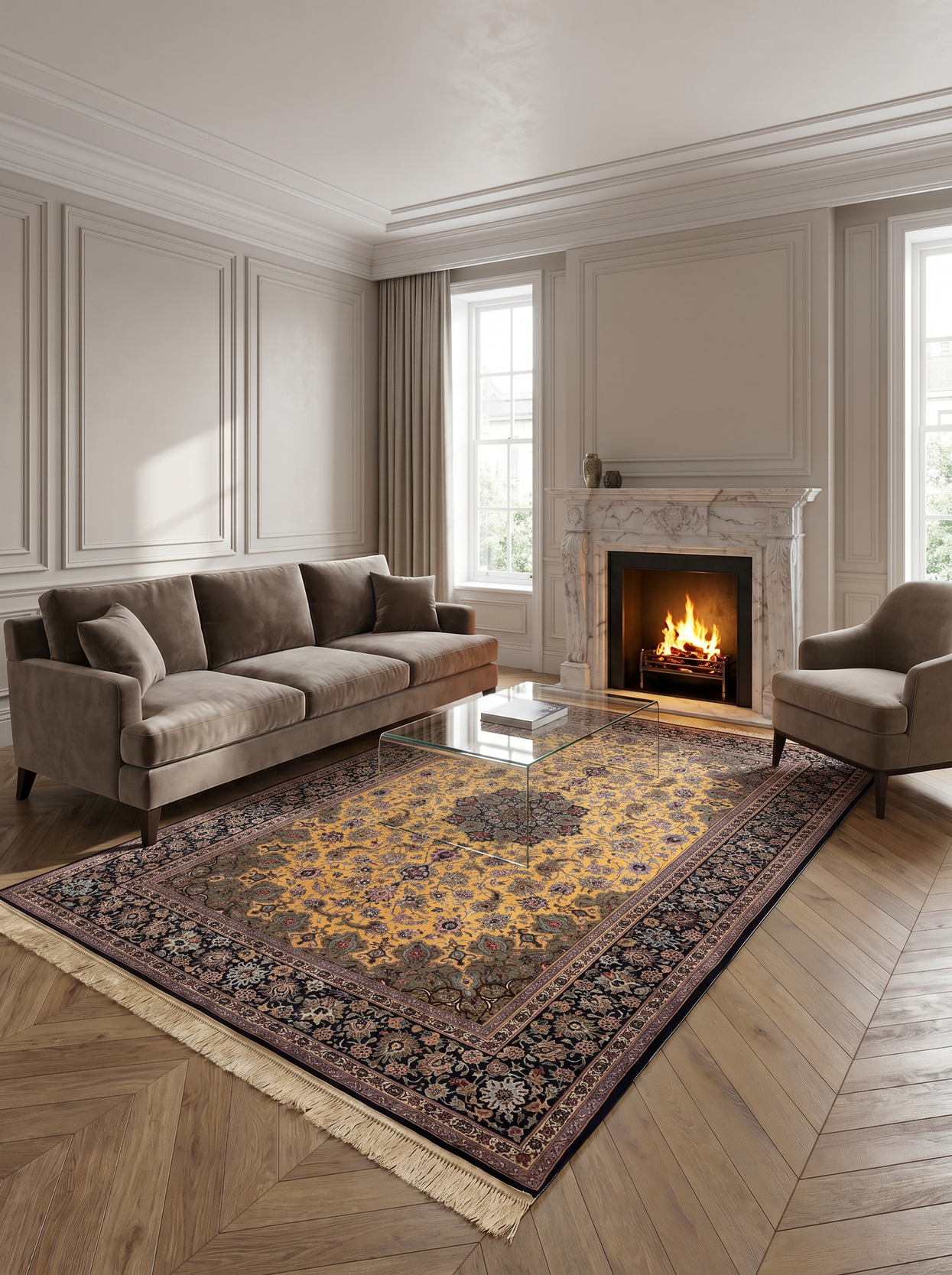 6'5" x 10'4" Persian Isfahan Rug | Signed Master Feizollah Haghighi | Saffron Field Navy Floral Border | Kork Wool and Silk on Silk | 700 KPSI