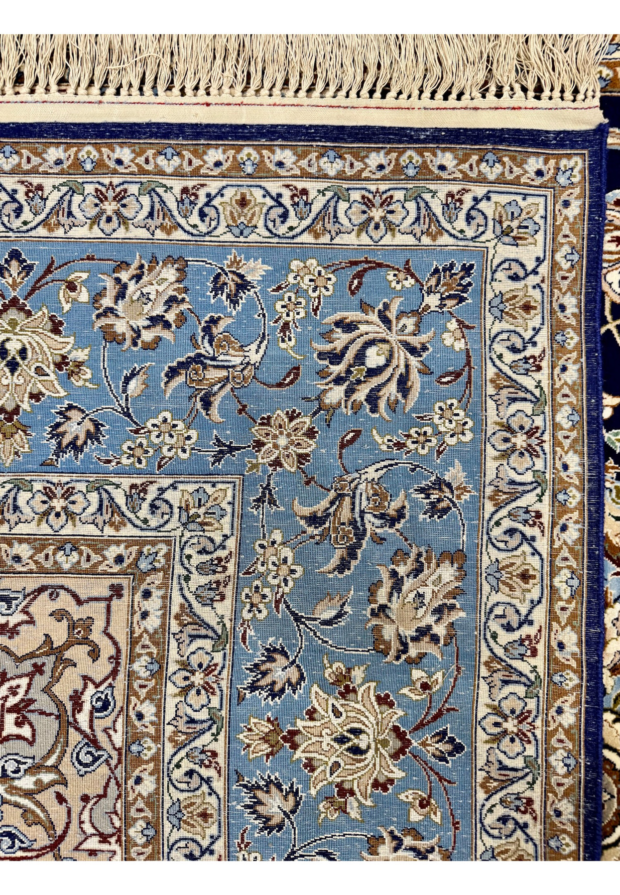 Backside of hand-knotted Persian Isfahan rug showing extreme tightness of approximately 700 KPSI knot structure