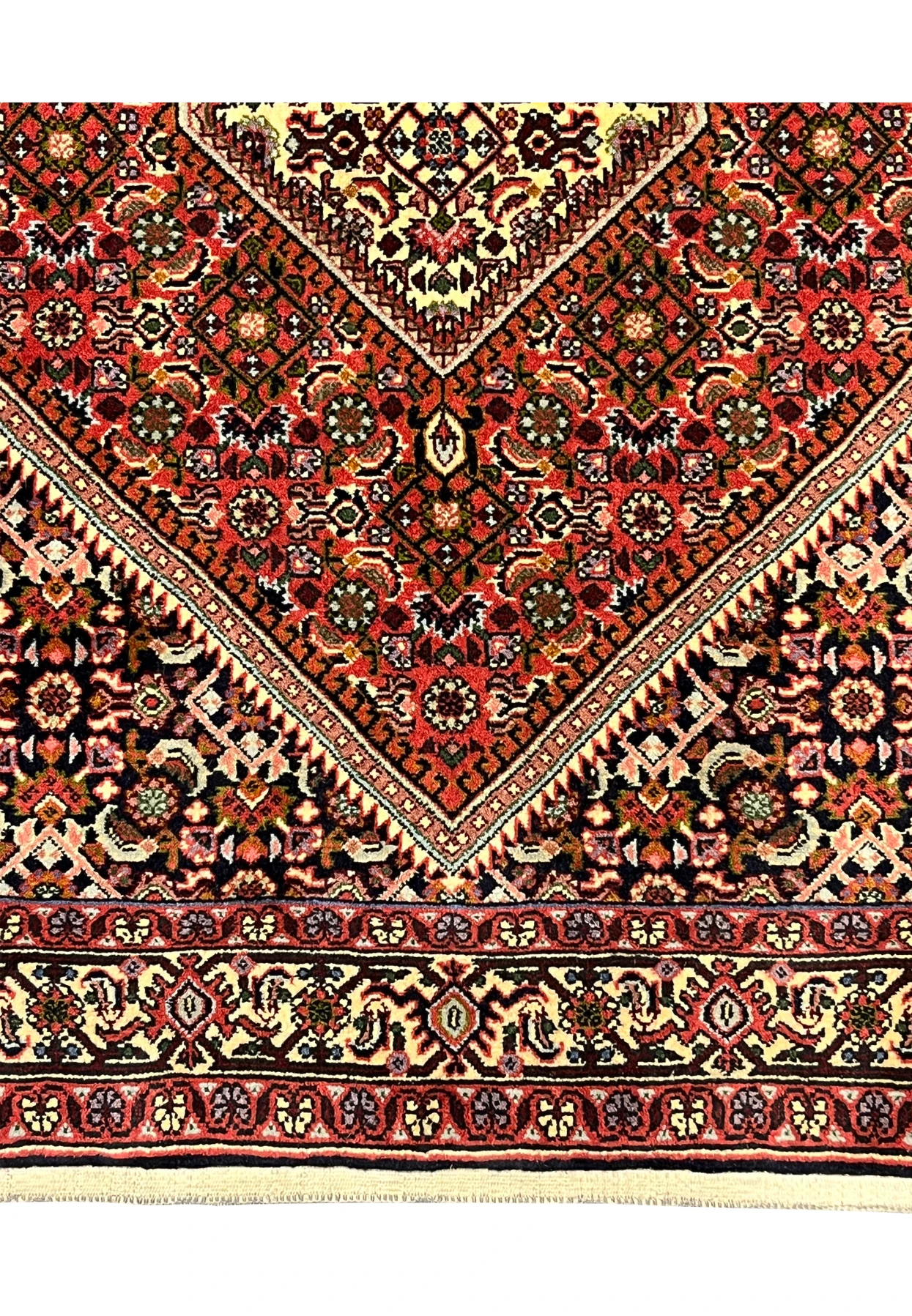 Lower border detail with turtle palmettes on cream ground above the natural cotton fringe