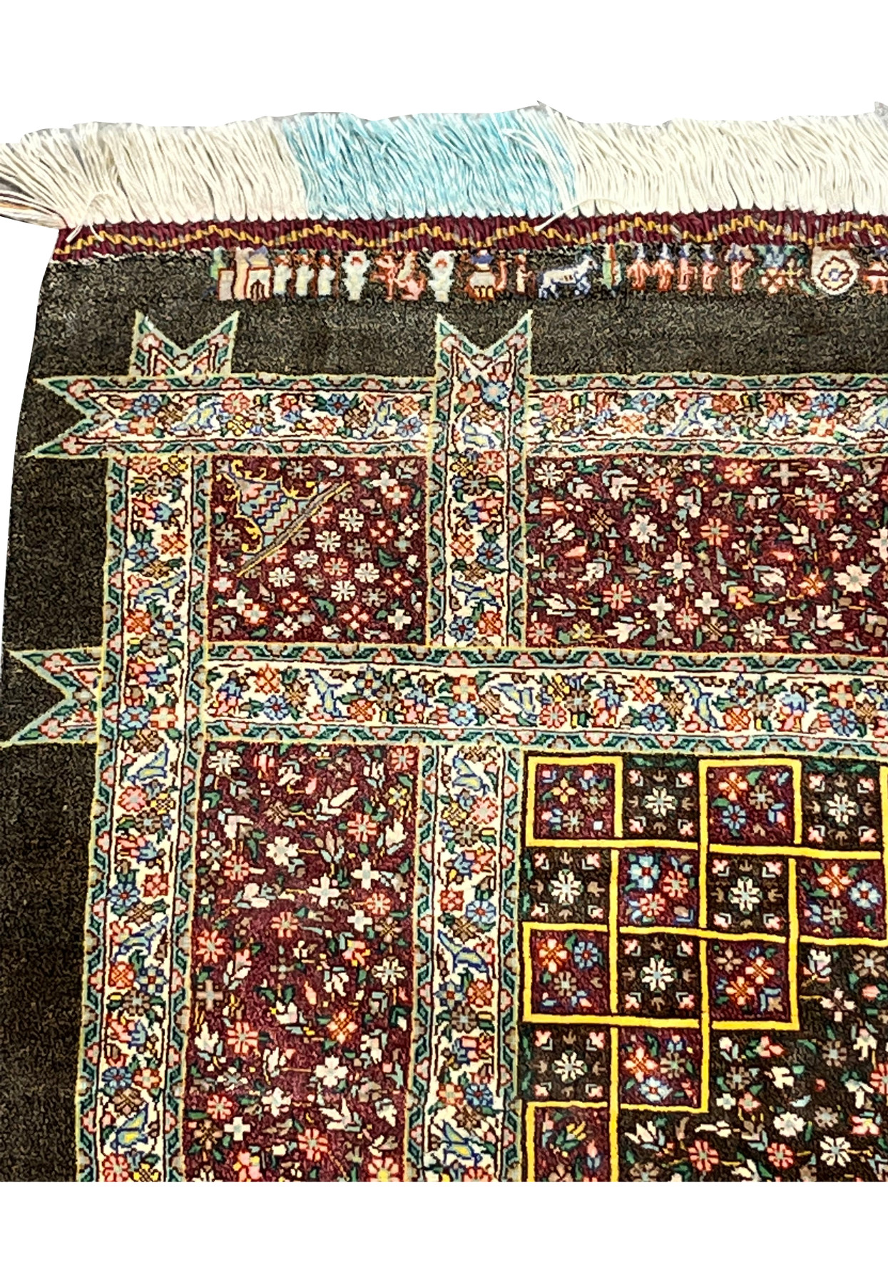Main border with vase and flower motifs on burgundy ground flanked by ivory guard stripes
