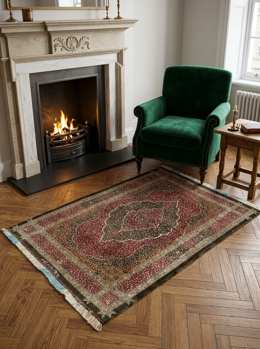 3'5" x 5'5" Persian Qum Pure Silk Rug | Signed Gholbafan | 900 KPSI | Caravan Band Border