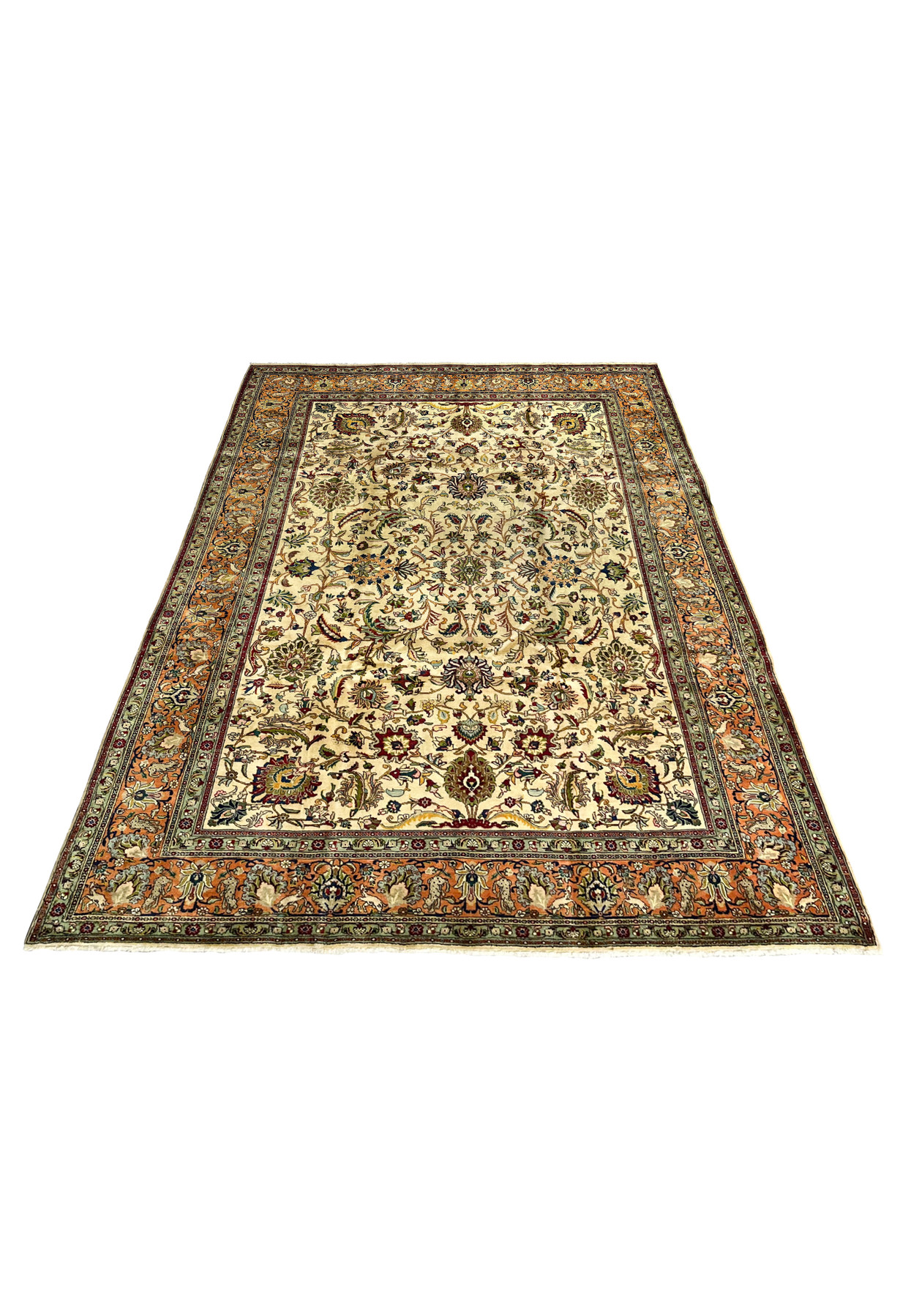 9x13 antique Persian Tabriz hand-knotted on cotton foundation with mint condition wool pile and ivory ground