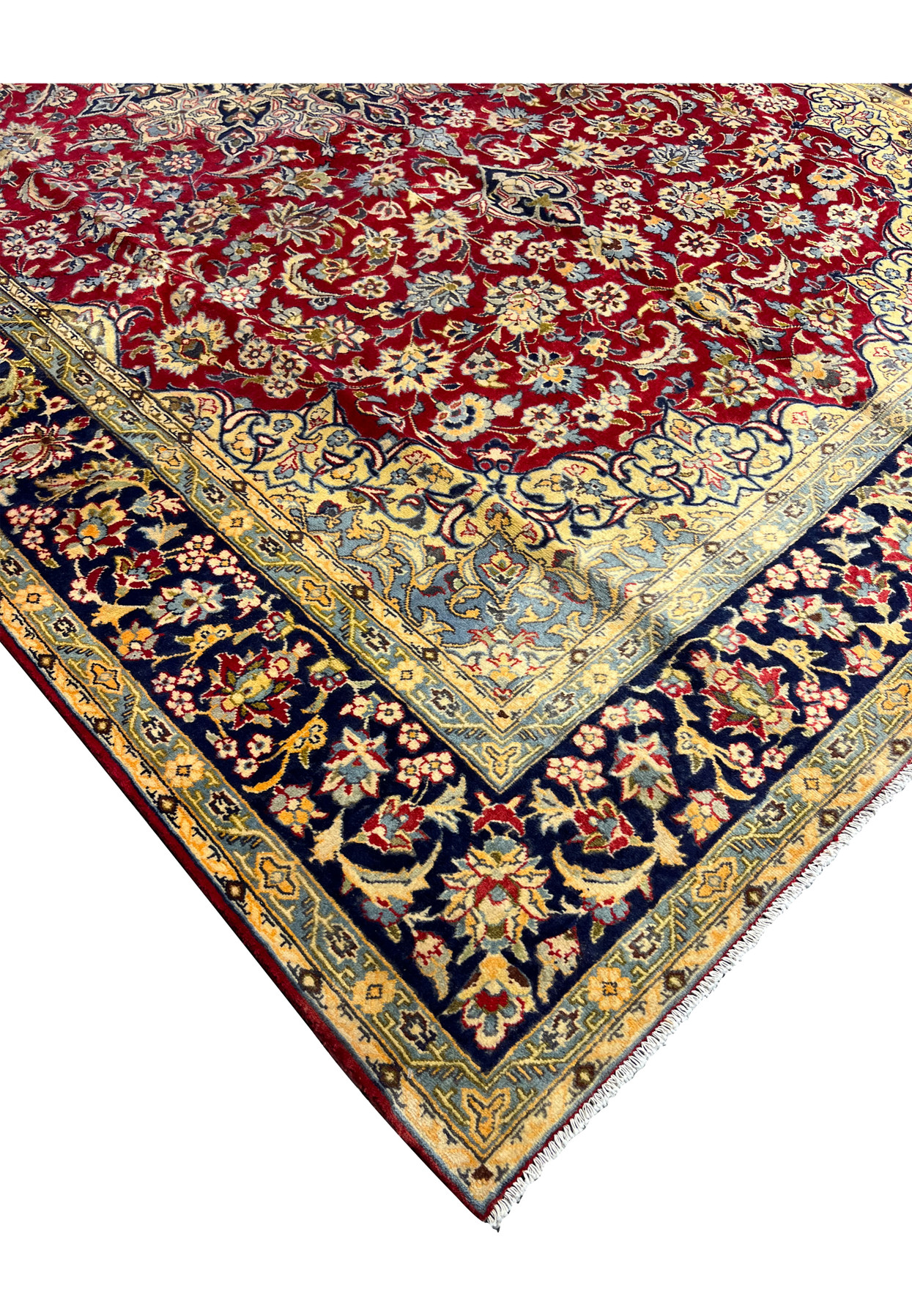 Side border closeup showing the navy ground populated with delicate floral cartouches and matched ivory guard frames