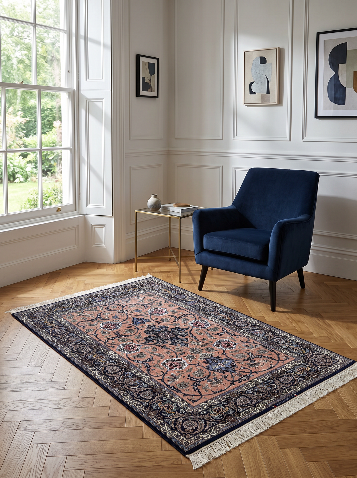 4'2" x 6'8" Persian Isfahan Kork and Silk Rug | Signed by Davari | Salmon Field with Floral and Bird Design | 500 KPSI
