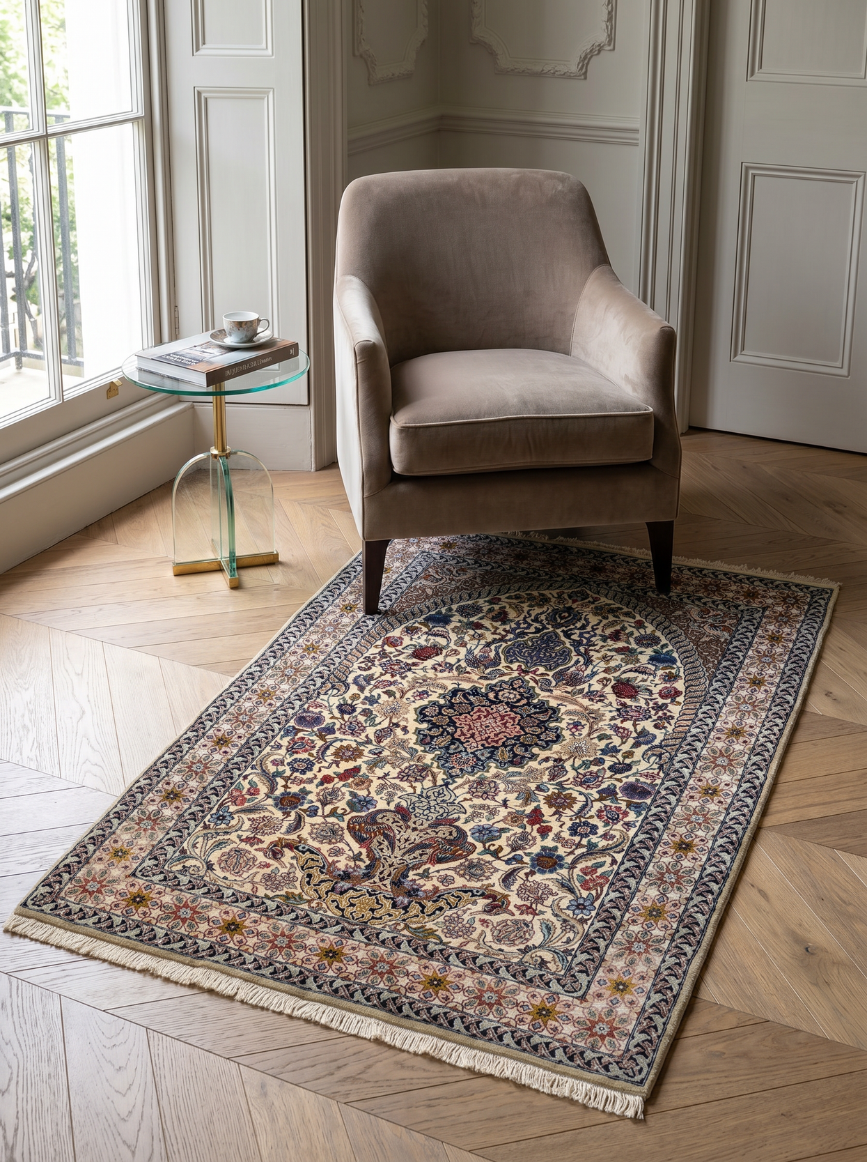 4 x 6 Persian Isfahan Wool and Silk Rug | Ivory Field with Floral Medallion and Mihrab Arch | Kork Wool and Silk Pile on Silk