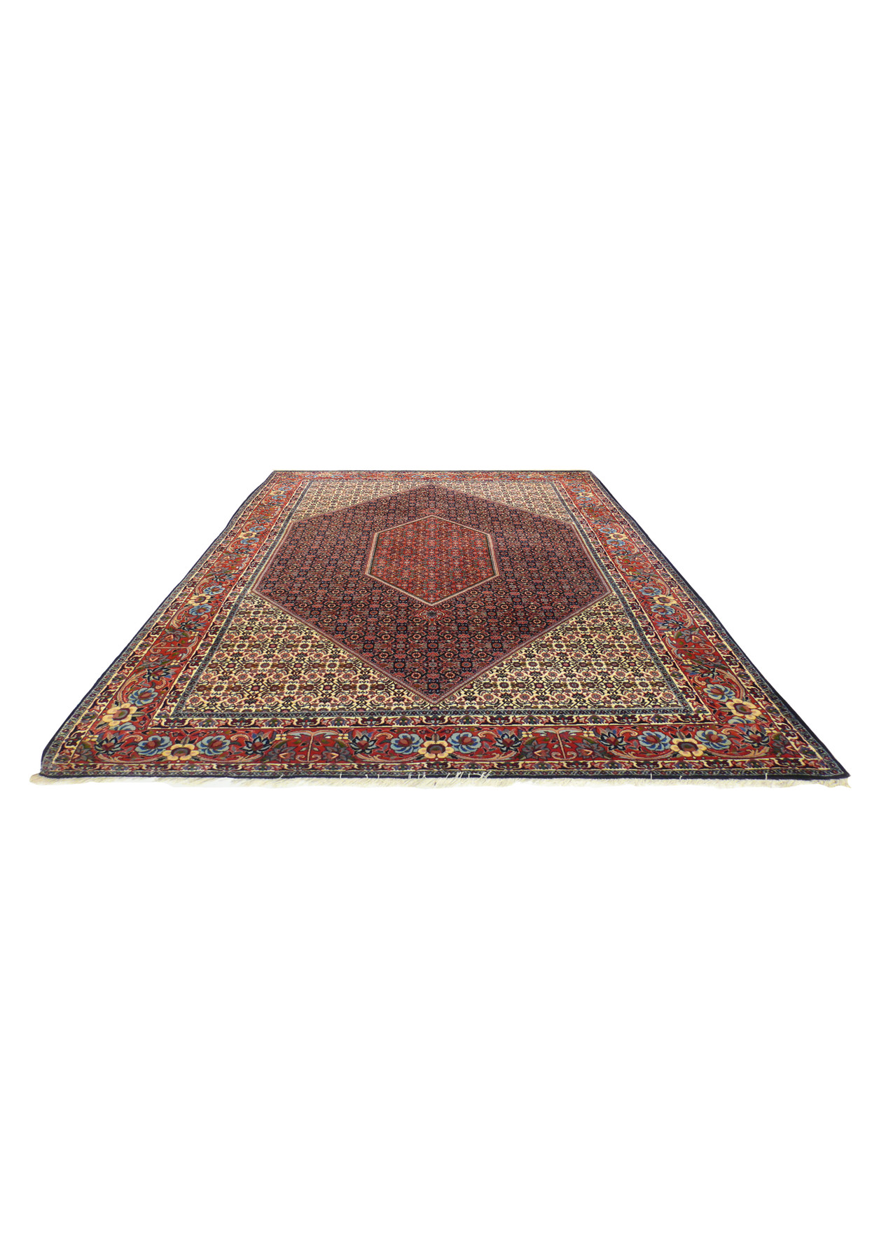 Full top-down view of authentic Persian Bijar rug laid flat showing classic diamond medallion composition