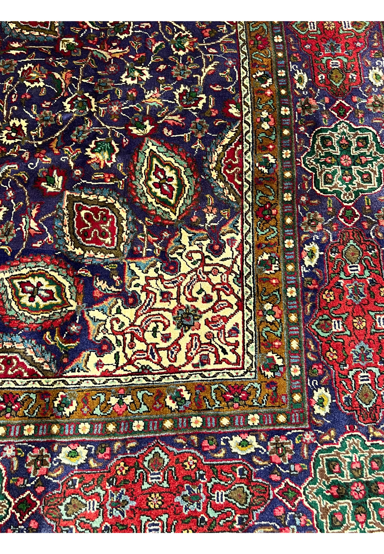 Inner border detail showing scrolling vine and floral medallions on Persian Tabriz dome design rug