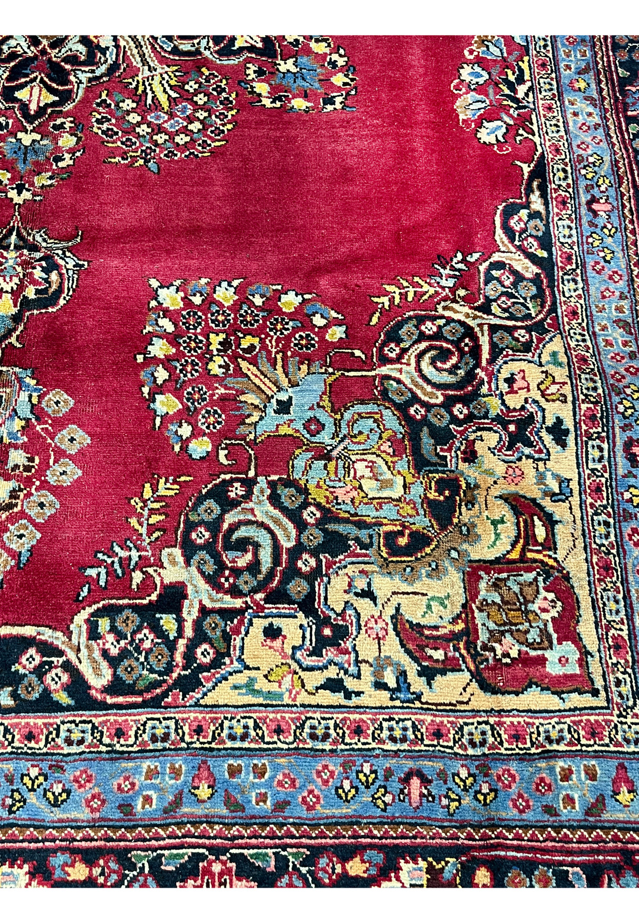 Inner border closeup of Persian Kerman rug showing scrolling vine, ivory palmettes, and rose floral rosettes against navy