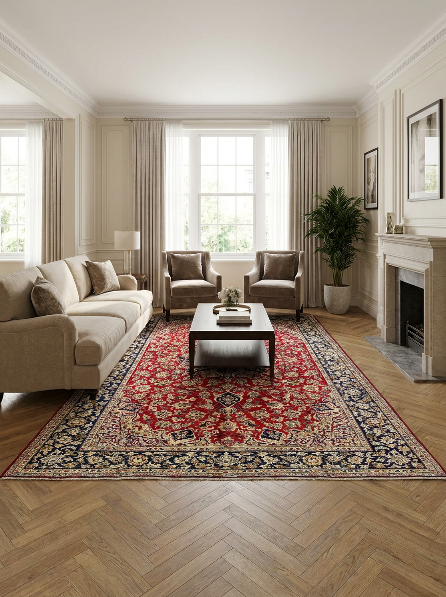 9'6 x 12'5 Persian Isfahan Rug | Shah Abbas Allover Floral | Lobed Navy Medallion | Crimson Field