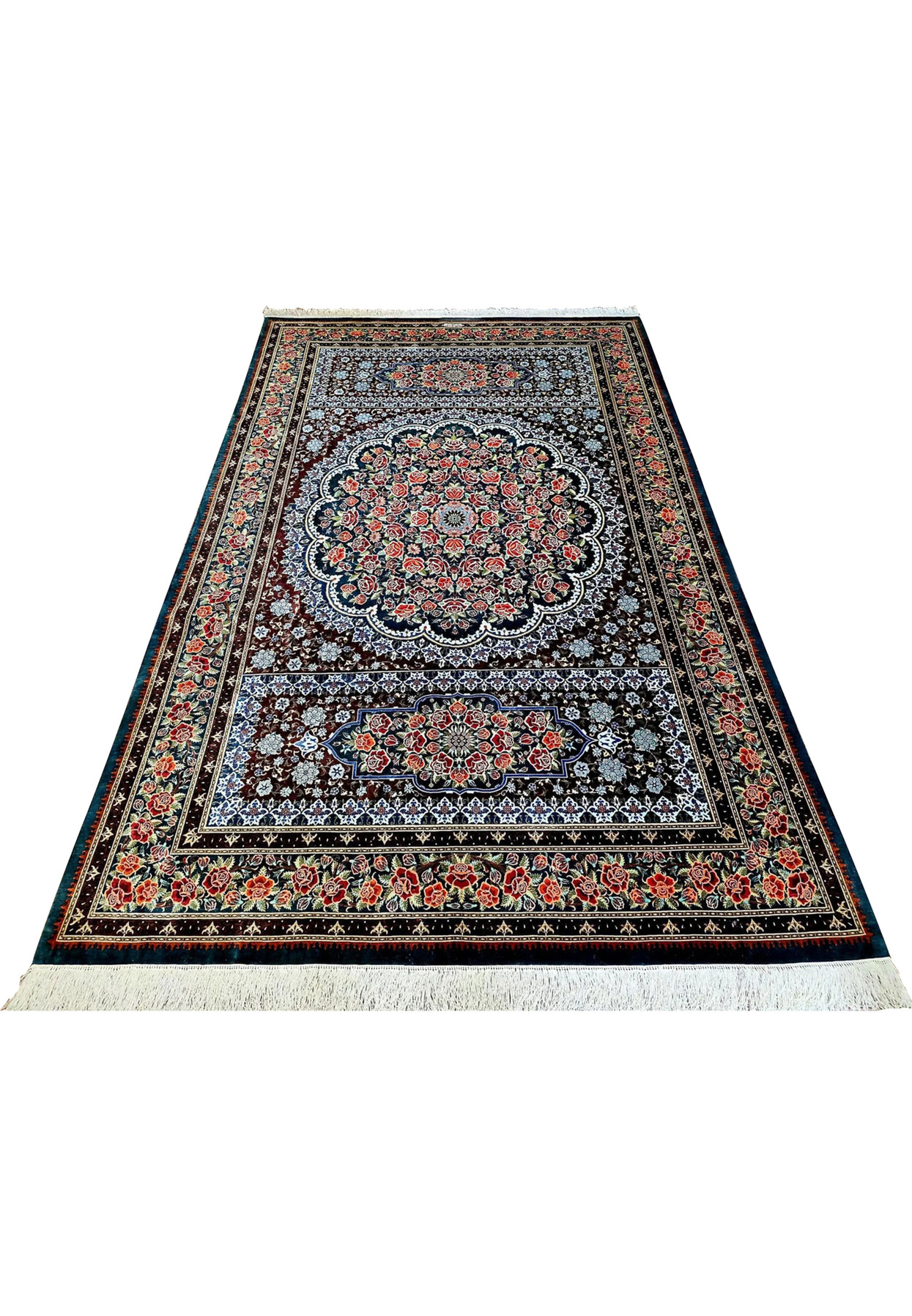 Authentic 900 KPSI Persian Qum silk rug photographed flat showing wine field, midnight medallion, rose garland border