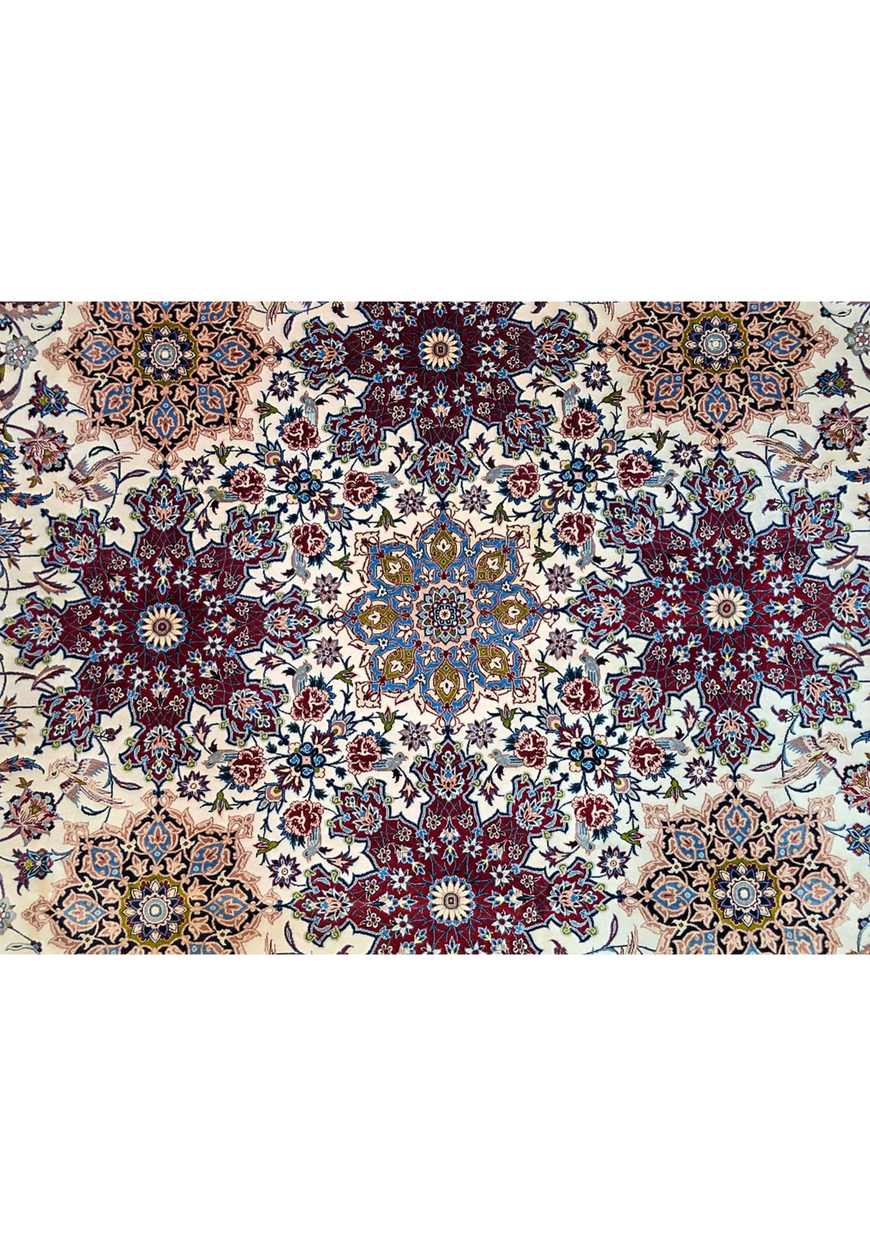 Central star medallion detail of square Persian Isfahan rug, sixteen point star surrounded by satellite rosettes