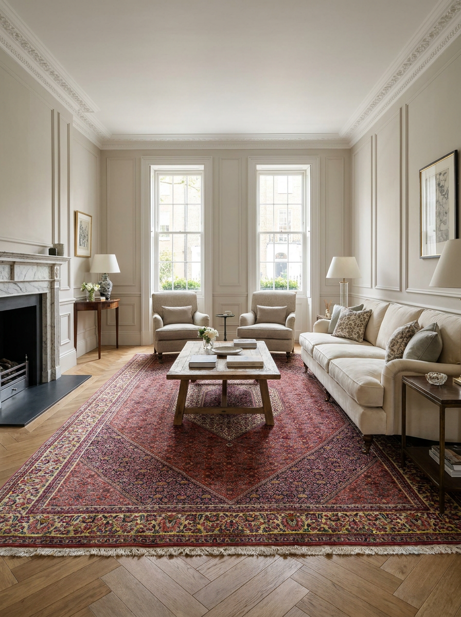 6'7 x 10'3 Persian Bijar Rug | Double Diamond Medallion | Terracotta and Ivory Palette