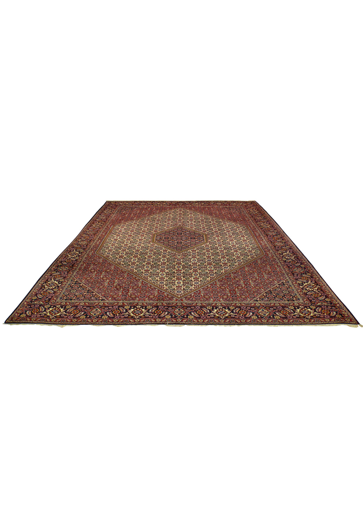 Authentic Persian Bijar rug photographed flat showing ivory diamond, brick red spandrels, deep navy main border
