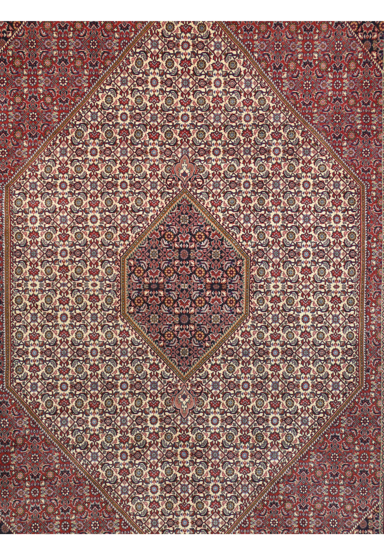 Central diamond medallion detail of fine Persian Bijar rug, ivory herati field with navy hexagonal inner core