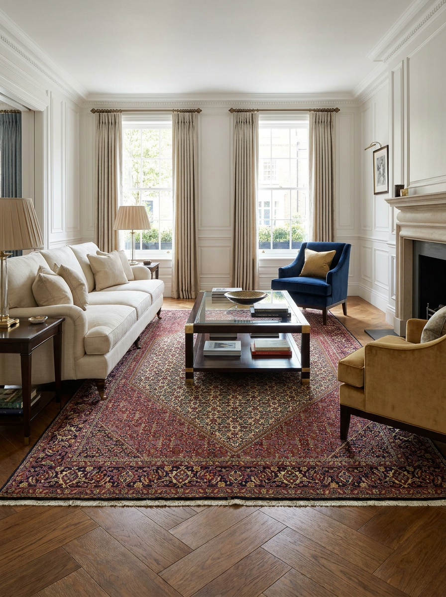 6'6" x 9'10" Persian Bijar Rug | Stepped Diamond Medallion on Ivory Herati Field | Navy Floral Border | 350 KPSI