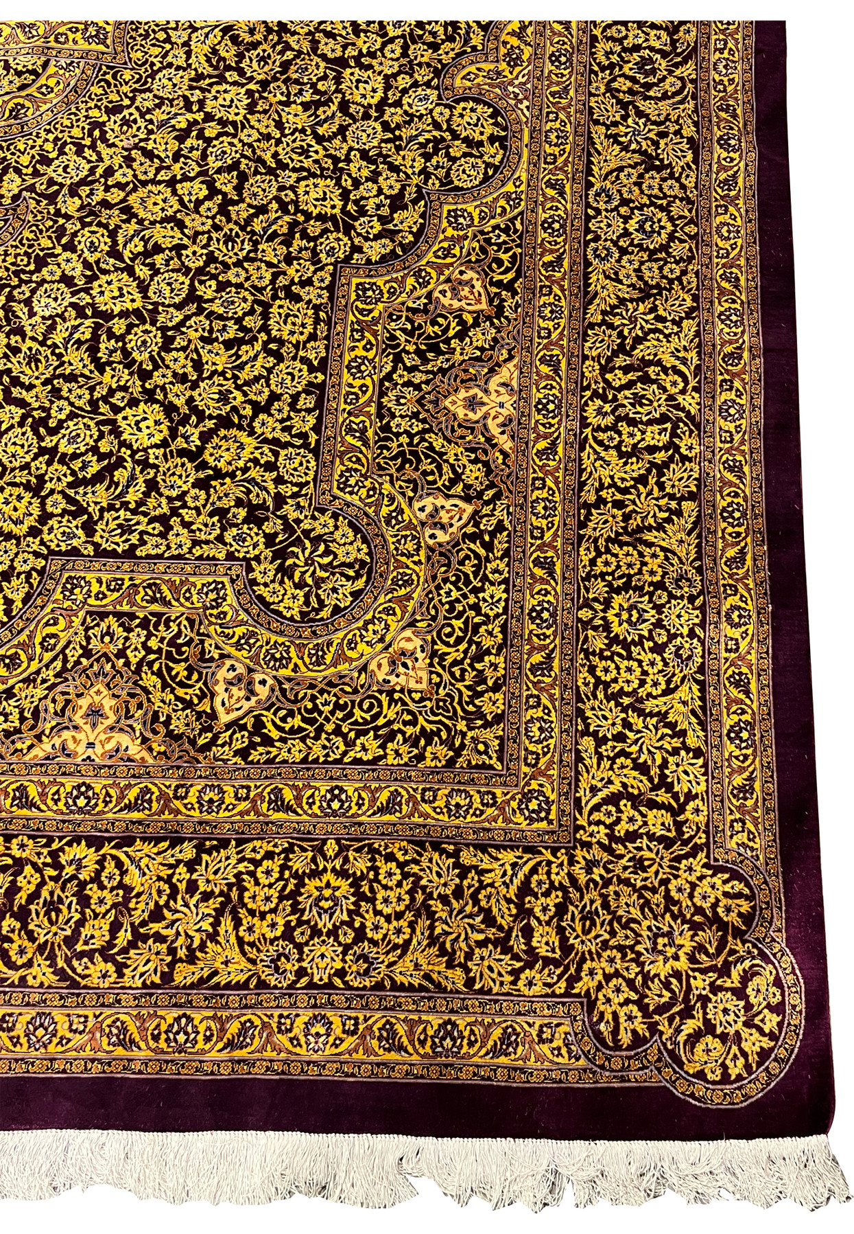Full border view of signed Naimi Persian Qum silk rug, magenta main border with continuous gold eslimi vine lattice