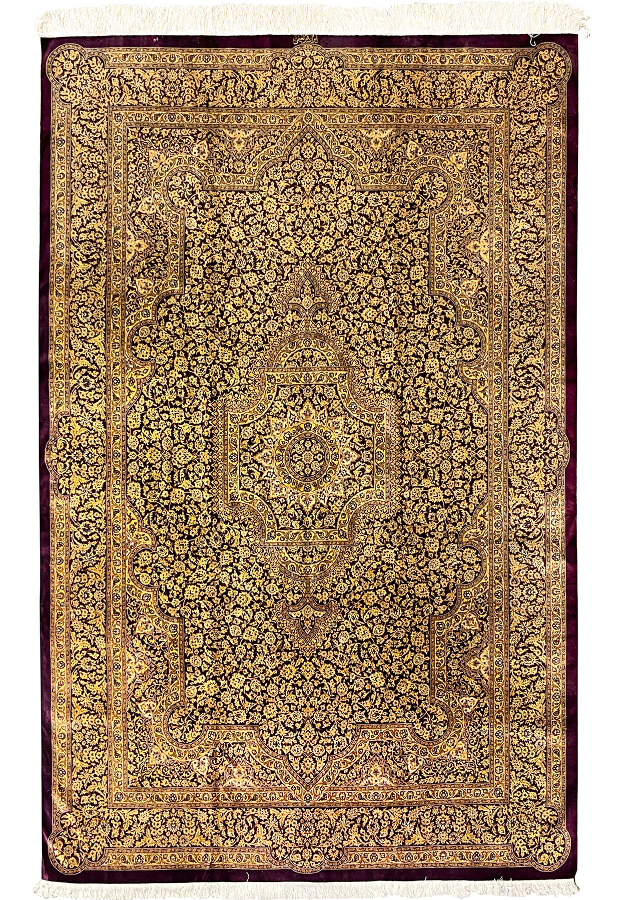 Full overhead view of 7x10 signed Naimi Persian Qum pure silk rug with Safavid medallion on magenta gold field