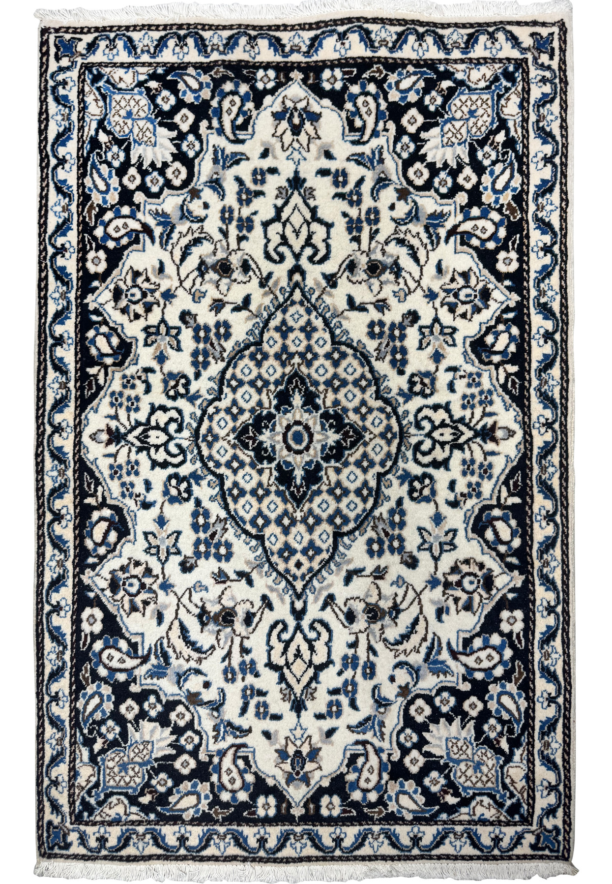 Full overhead view of 3x5 Persian Nain rug, ivory field with navy border and central floral medallion