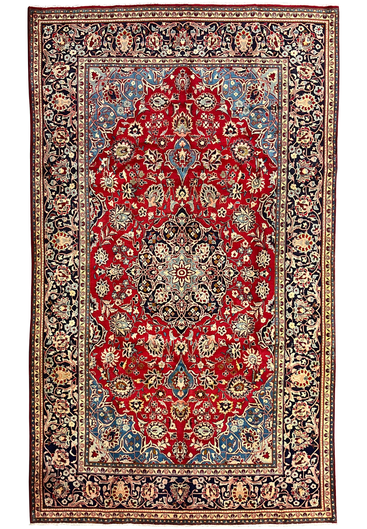 Full overhead view of 8x13 Persian Najafabad rug, rose red field with navy border and layered floral medallion