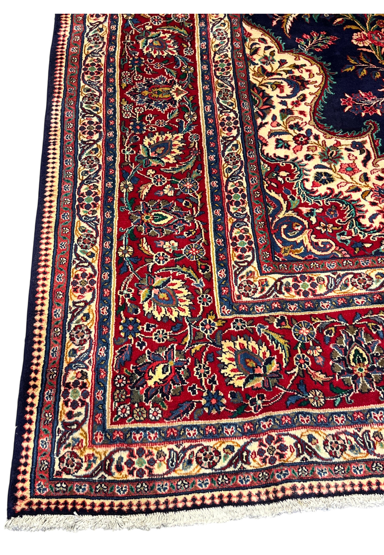Right border view of 10x13 Persian Qum kork rug, crimson main border with ivory palmette scrollwork and rosette vines