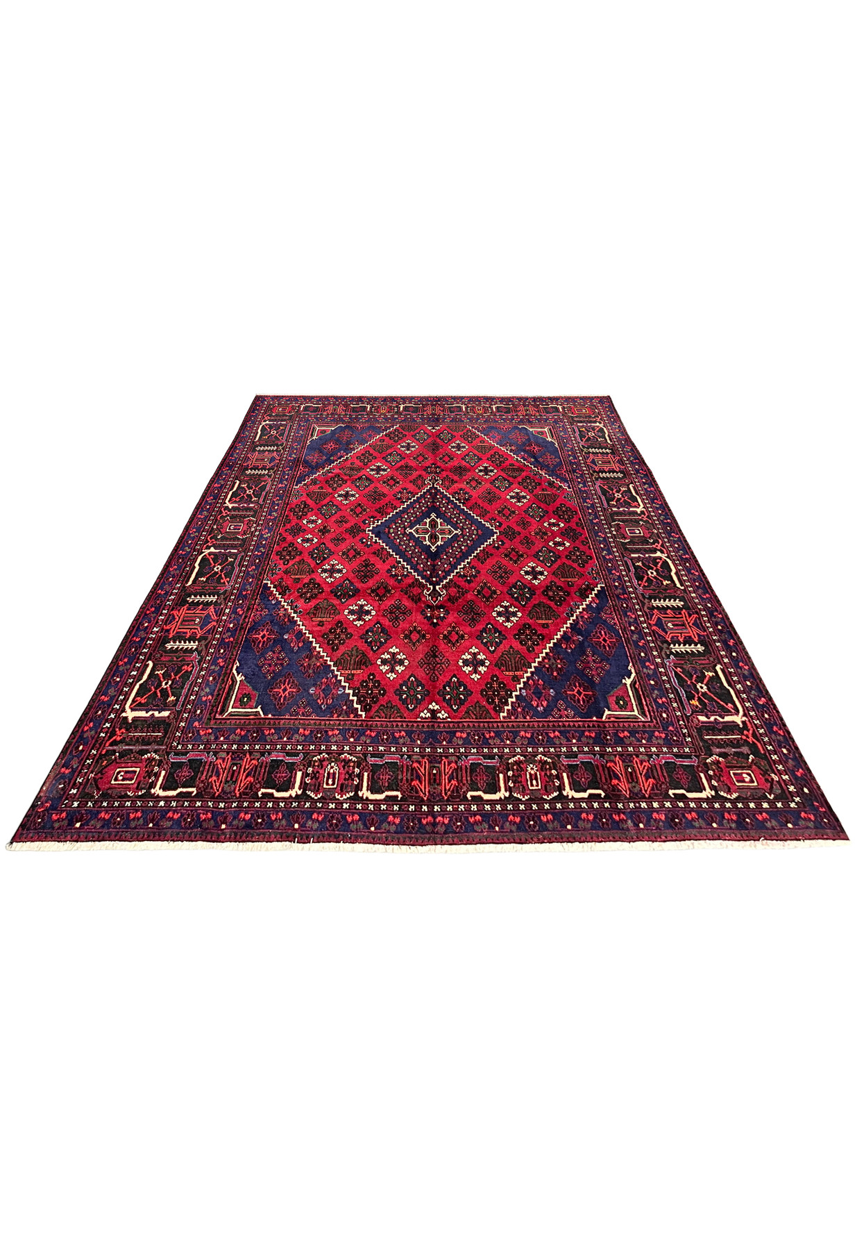 10x13 Persian Meymeh rug laid down, cherry red stepped diamond field, navy spandrels, hand-knotted wool, authentic